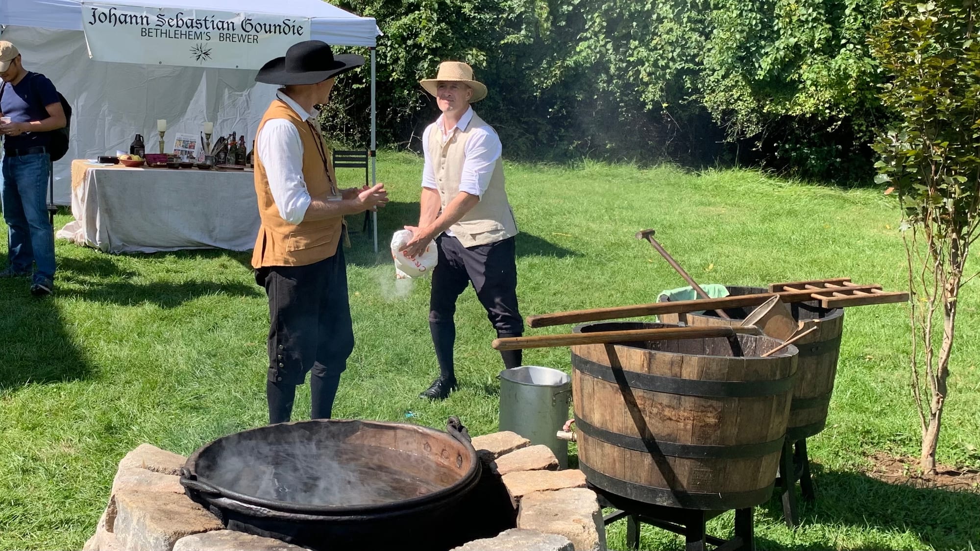 Historical Bethlehem Museum workers dressed in period garments make beer the way the Moravians did when they first settled Be