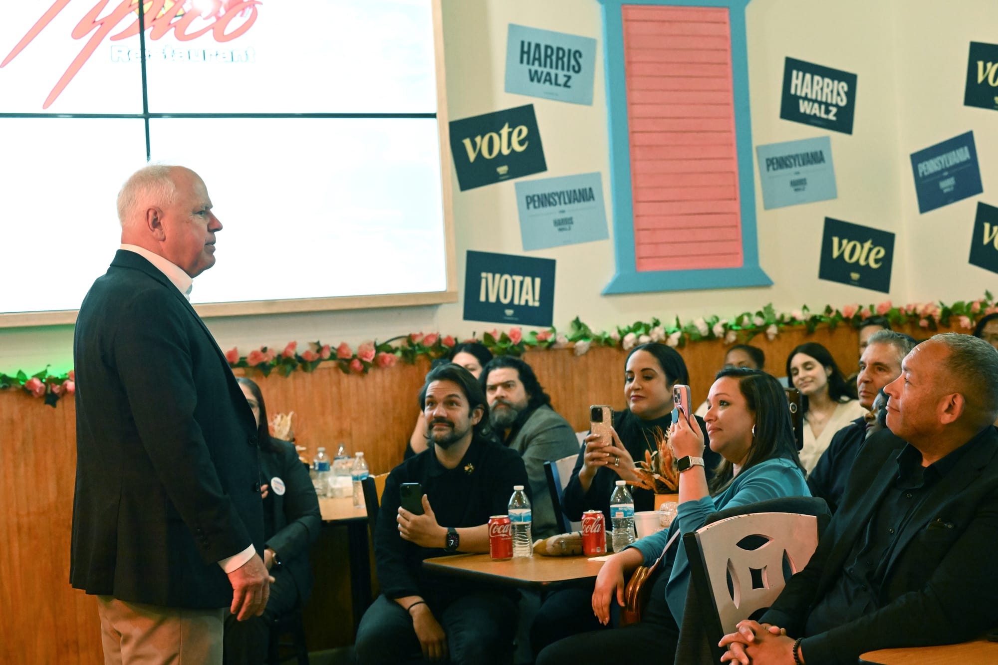 Minnesota Gov. and Democratic vice presidential candidate Tim Walz met with supporters in El Tipico restaurant in Allentown F