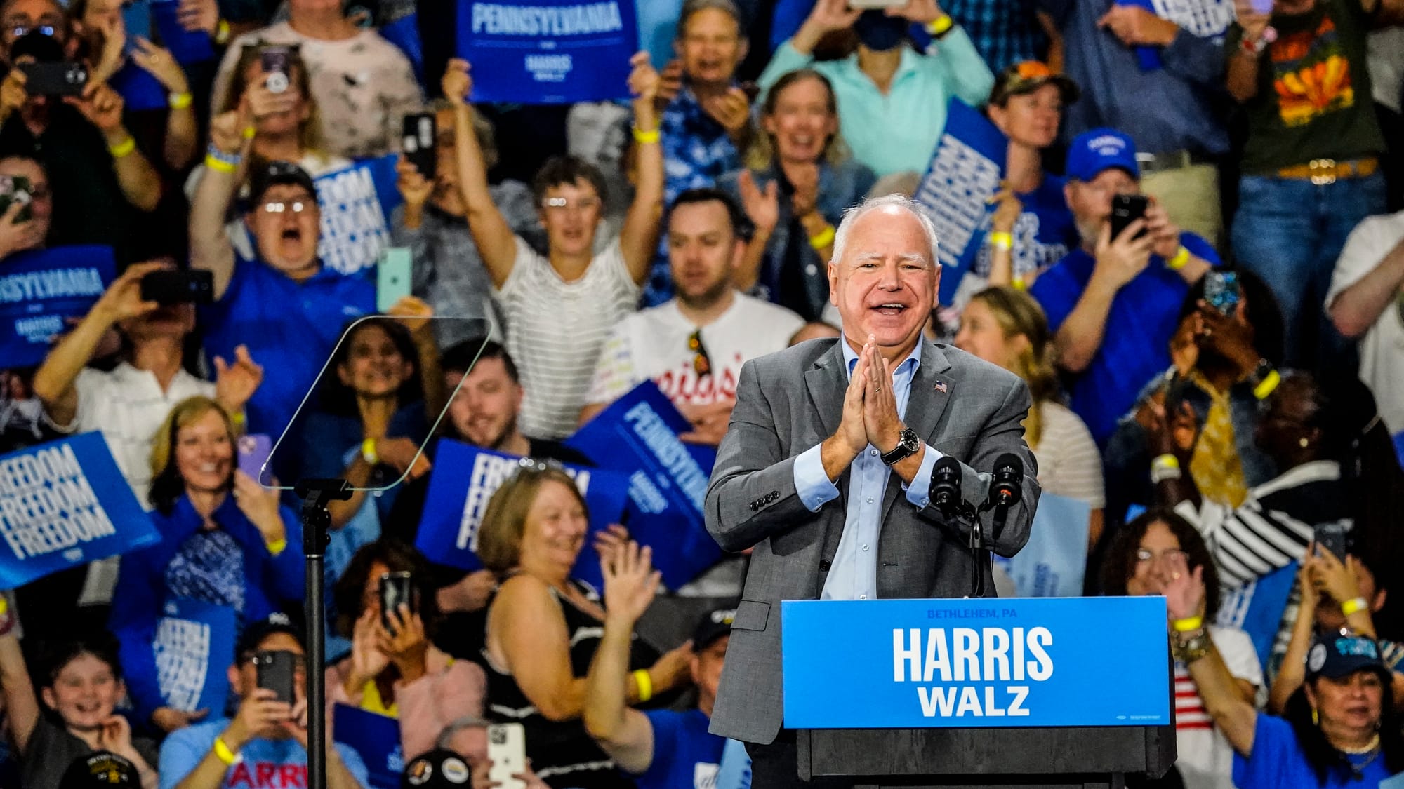 Minnesota Gov. Tim Walz campaigns at Freedom High School in Bethlehem, Pa. on Saturday, September 21, 2024. He is the vice pr
