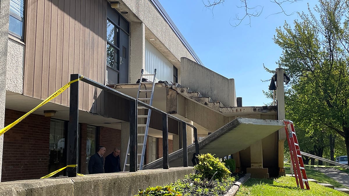 An exterior wall collapsed on a stairwell at William Penn Elementary School in Bethlehem. The school closed Monday so enginee