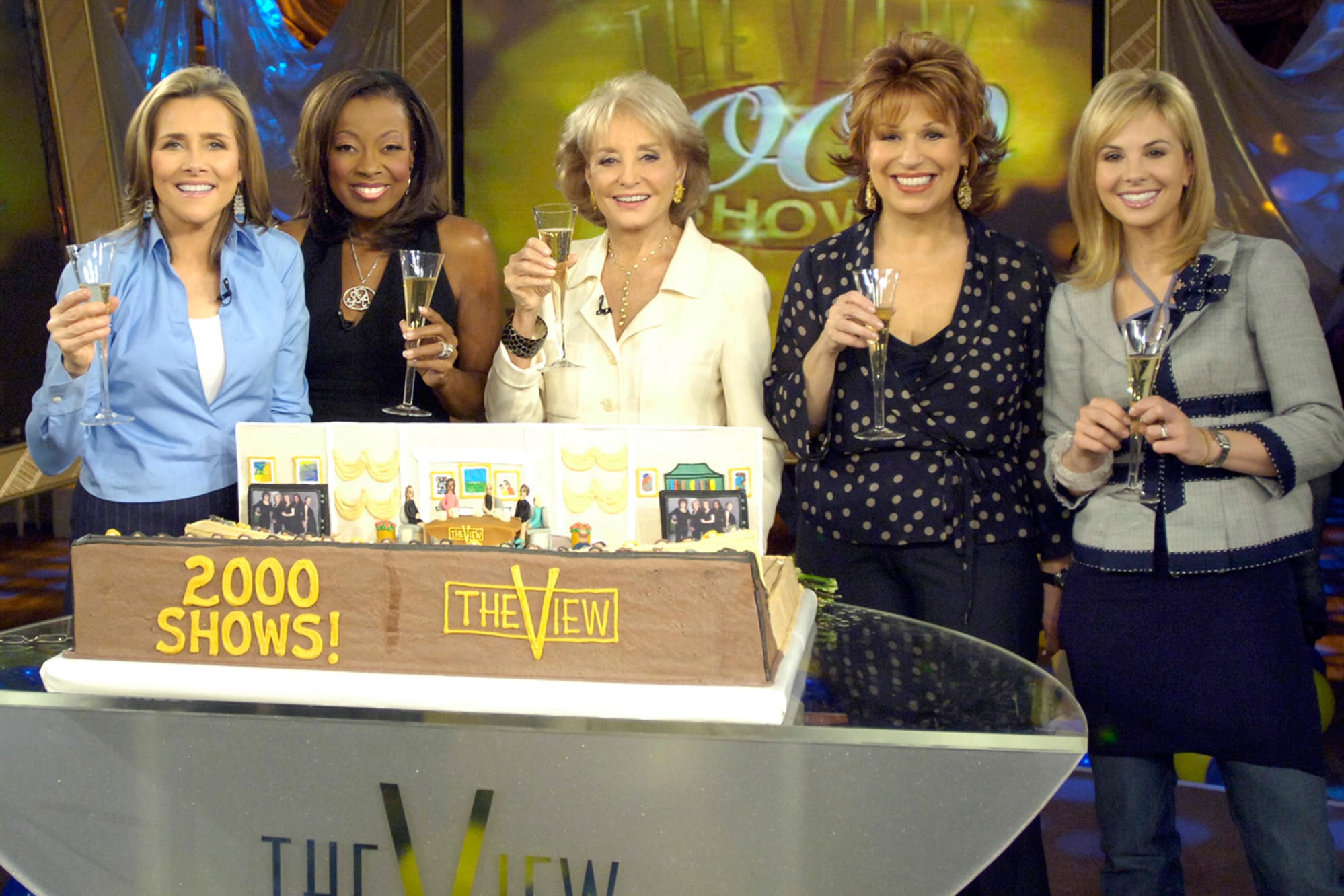 The stars of The View celebrate their 2000th show in New York City, Feb. 2, 2006. Standing from left are Meredith Vieira; Sta
