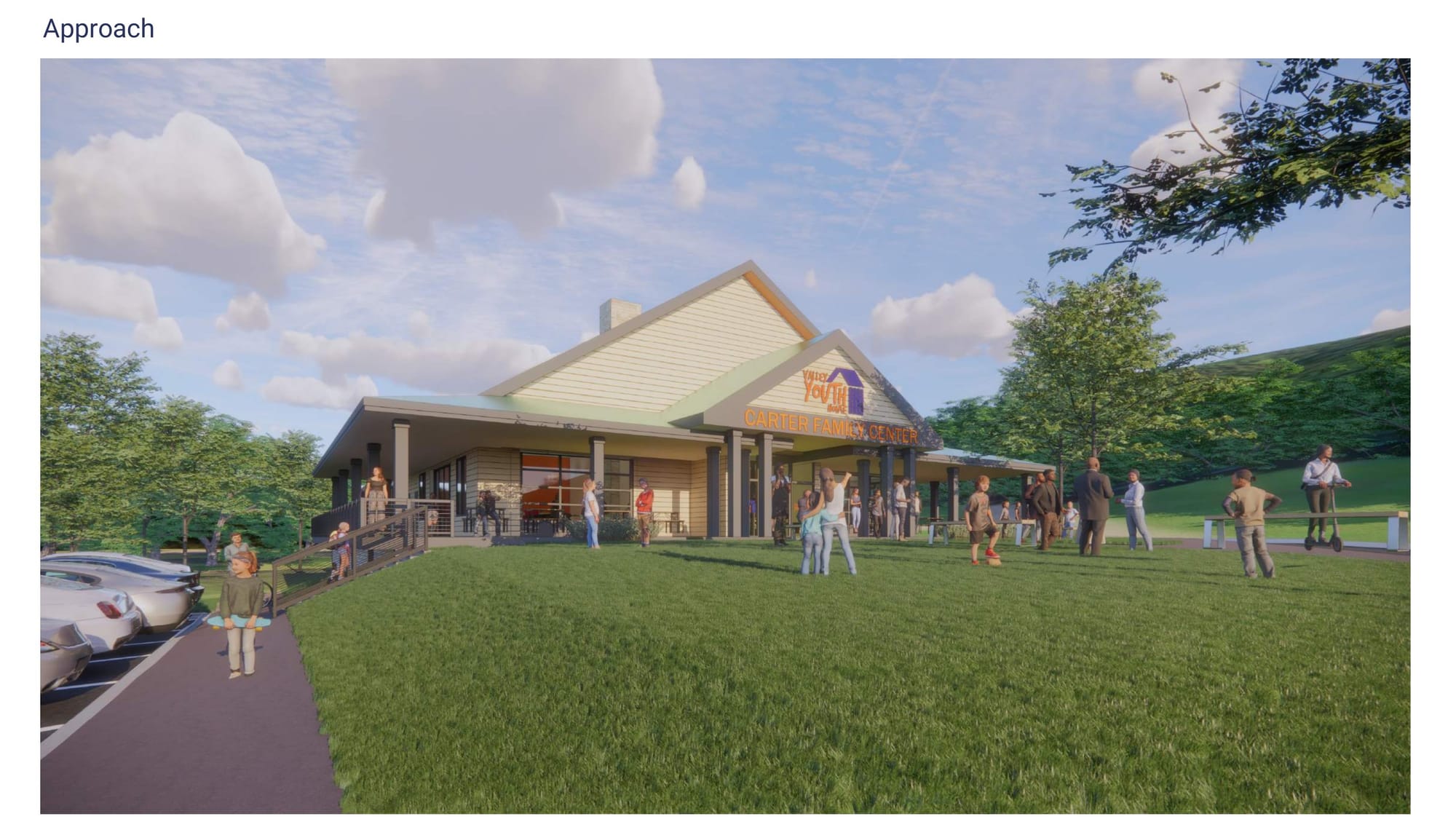 A rendering of the outside of the Carter Family Center.