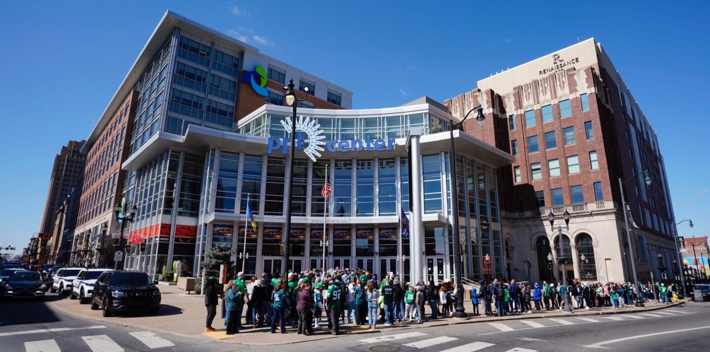 Fans line up outside of the PPL Center in Allentown for a celebration honoring Saquon Barkley, one of two Lehigh Valley Super