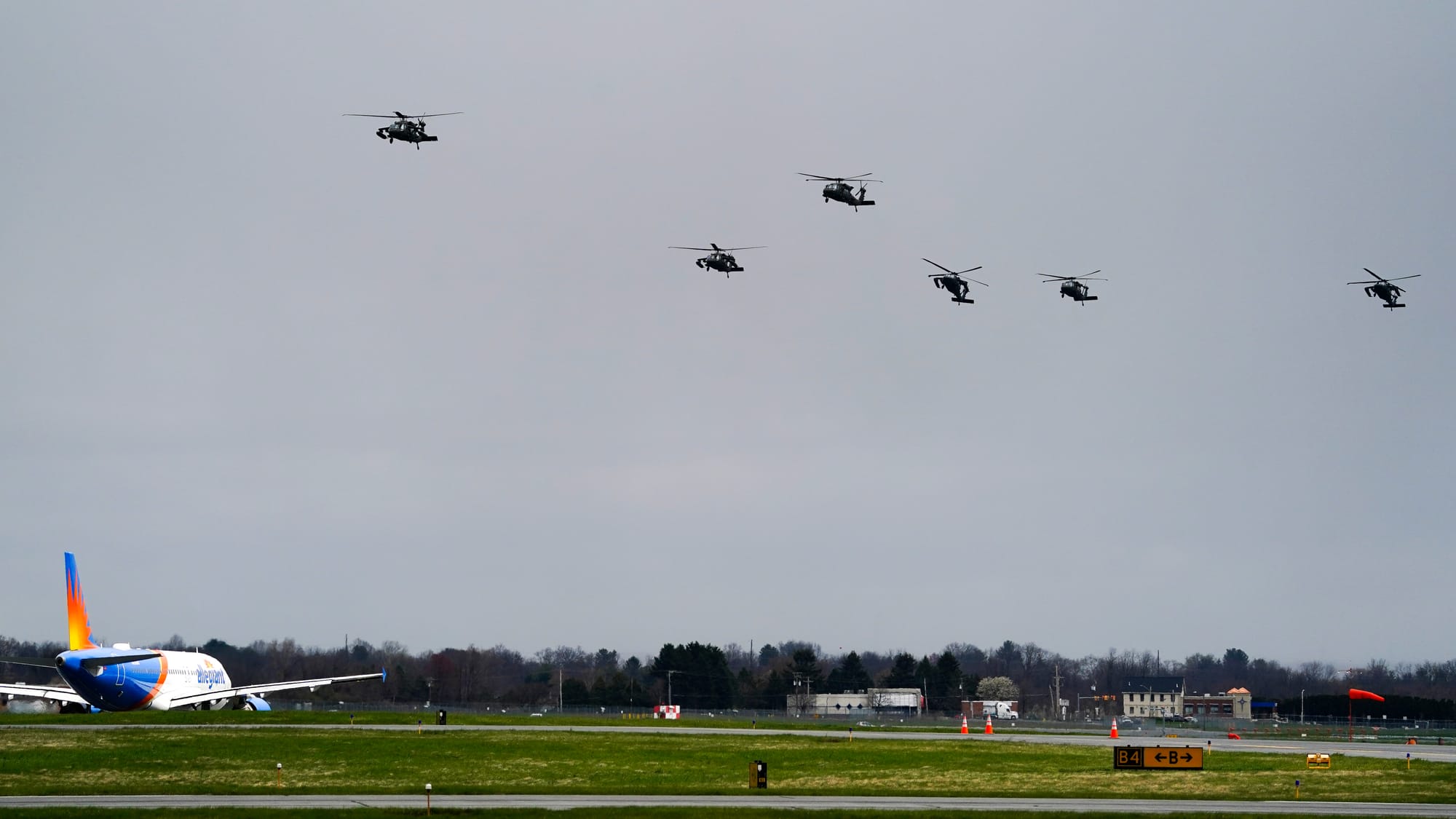 UH-60 Blackhawk helicopters from from Fort Drum in Jefferson County, New York, land at Lehigh Valley International Airport on