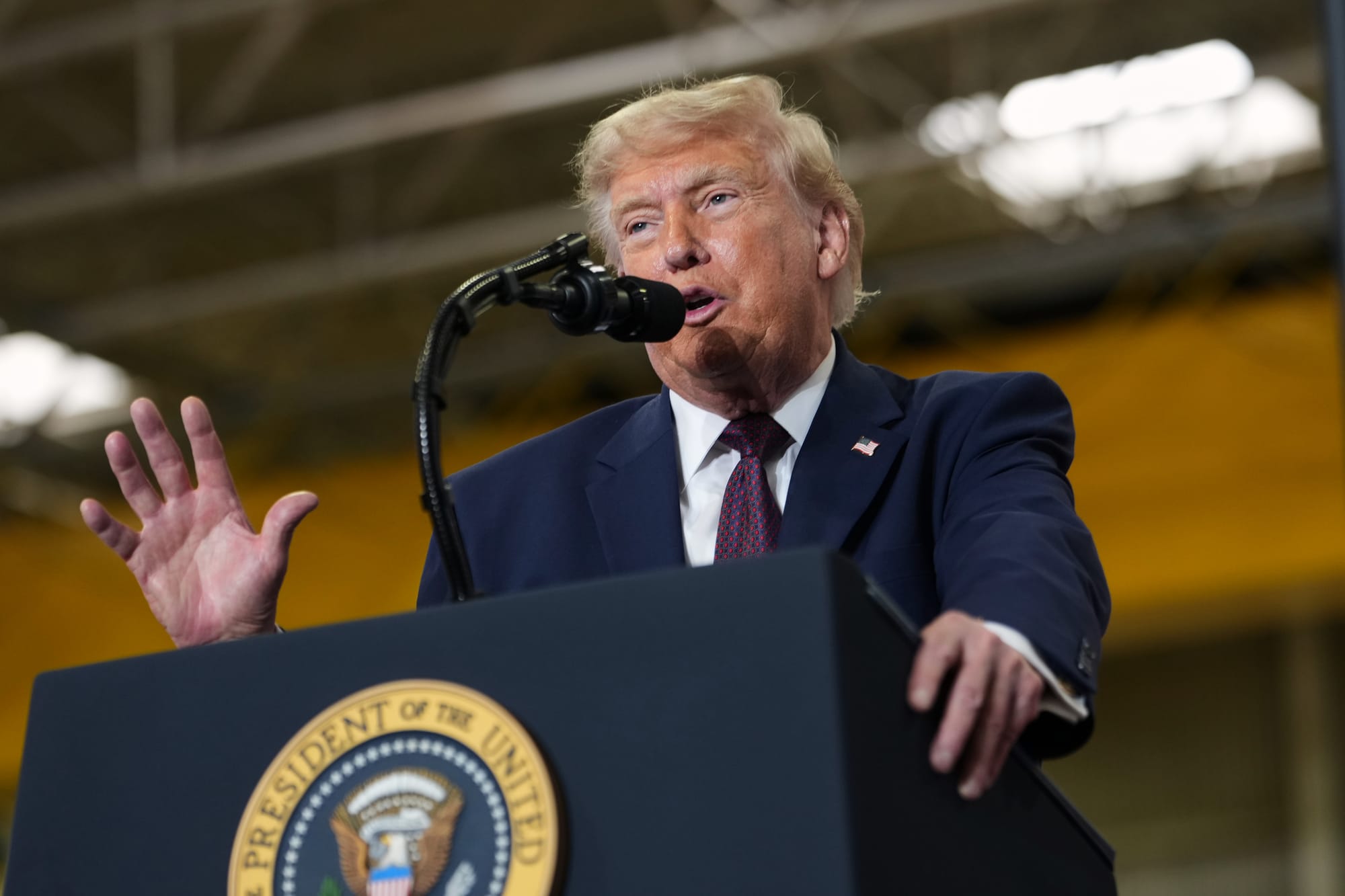 President Donald Trump speaks at a Mack Trucks facility, Tuesday, June 23, 2026, in Macungie, Pa.