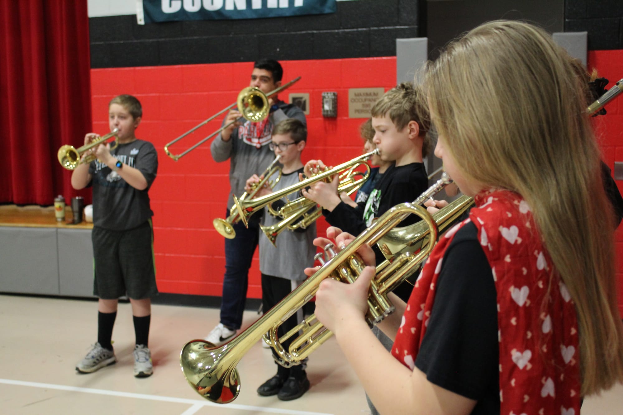 Students at Cetronia Elementary playing pep band music as the crowd gathered within the gymnasium