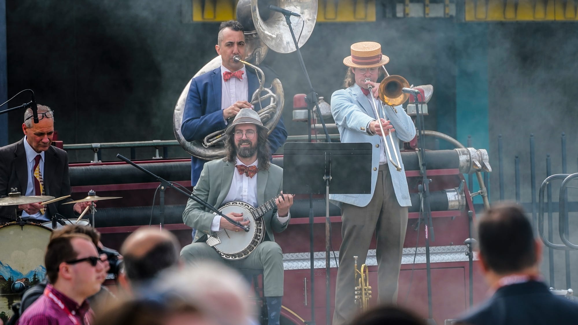 Entertainment played for the crowd as they waited to ride Iron Menace at Dorney Park Wednesday, April 17.