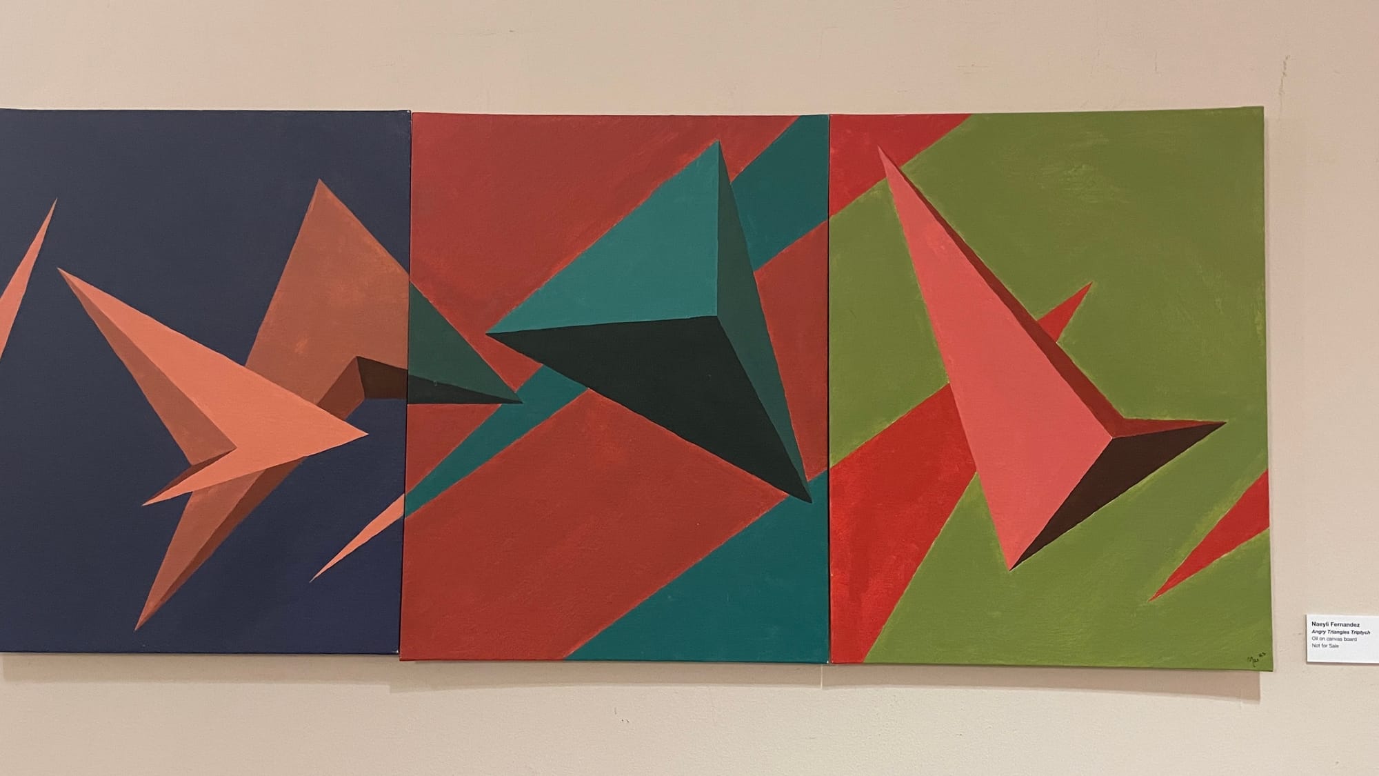 "Angry Triangles Triptych," oil on canvas board, by Cedar Crest art student Naeyli Fernandez.