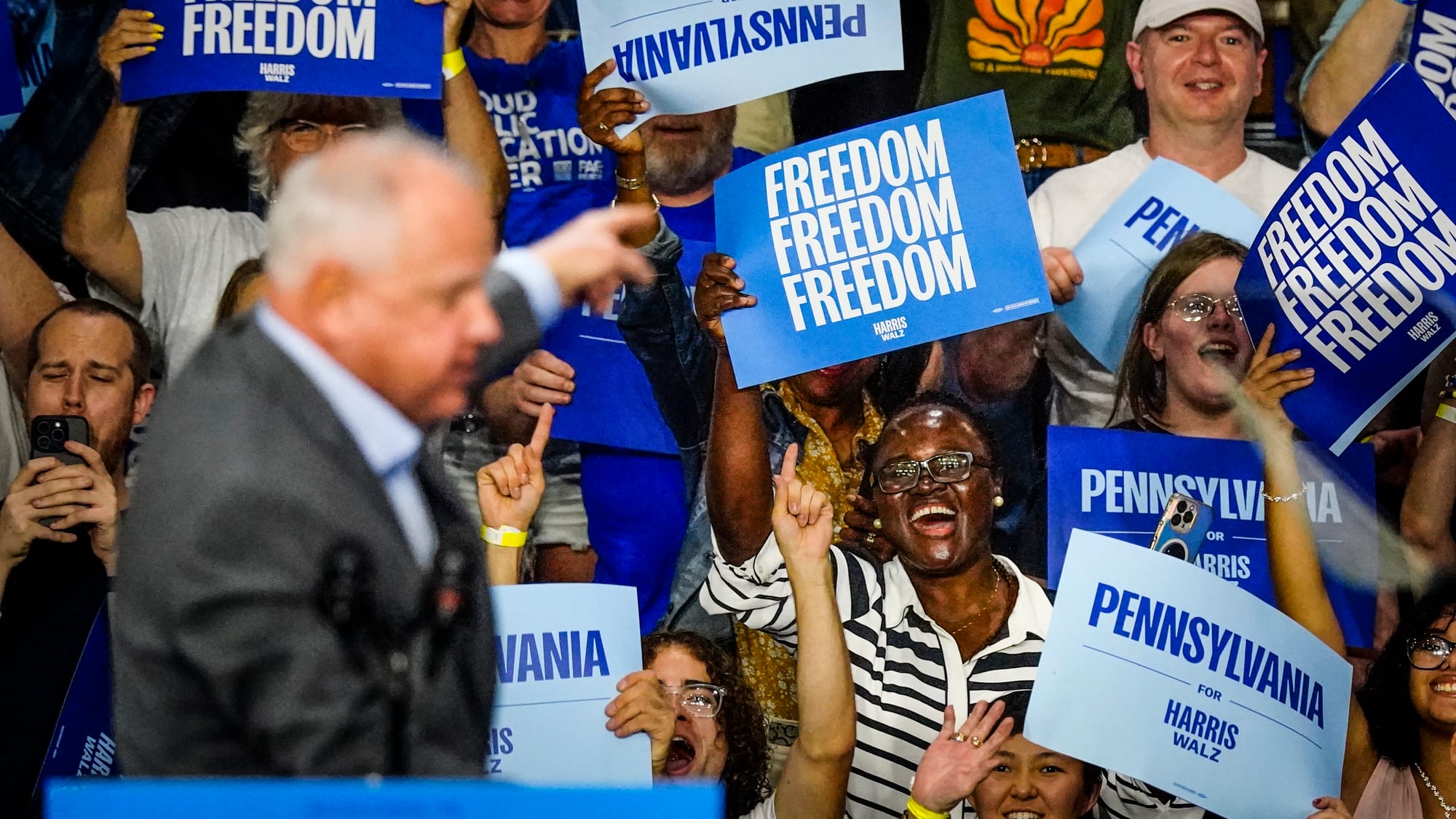 Minnesota Gov. Tim Walz campaigns at Freedom High School in Bethlehem, Pa. on Saturday, September 21, 2024. He is the vice pr