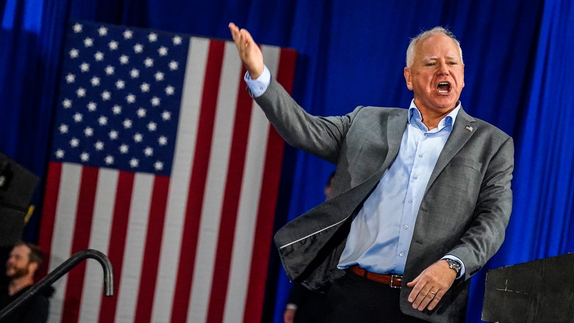 Minnesota Gov. Tim Walz campaigns at Freedom High School in Bethlehem, Pa. on Saturday, September 21, 2024. He is the vice pr