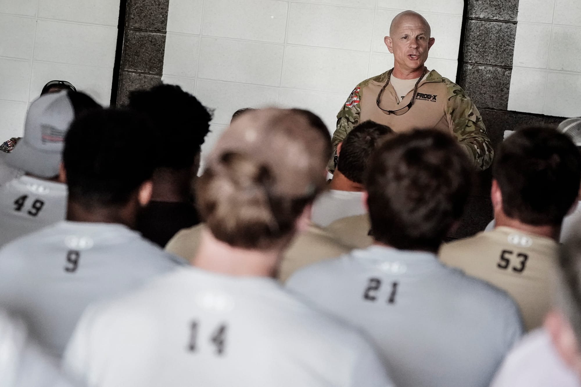 Larry Barbiero addresses Lehigh football players. U.S. Special Forces members including U.S. Navy SEALs skydive from 4,000' o