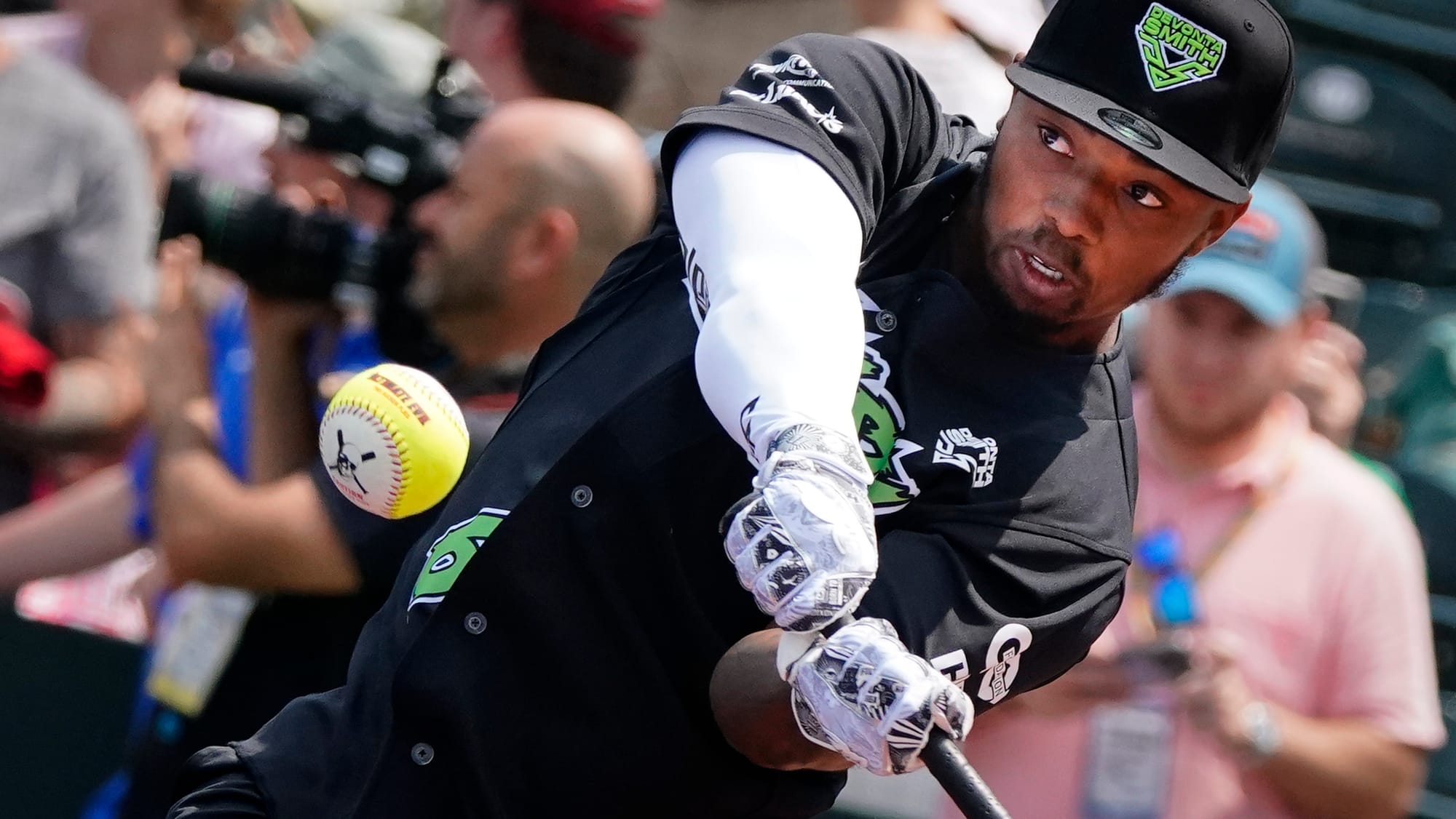 Kenny Gainwell of the Eagles in the home run derby. The 2nd annual DeVonta Smith Celebrity Softball Game was held at Coca-Col