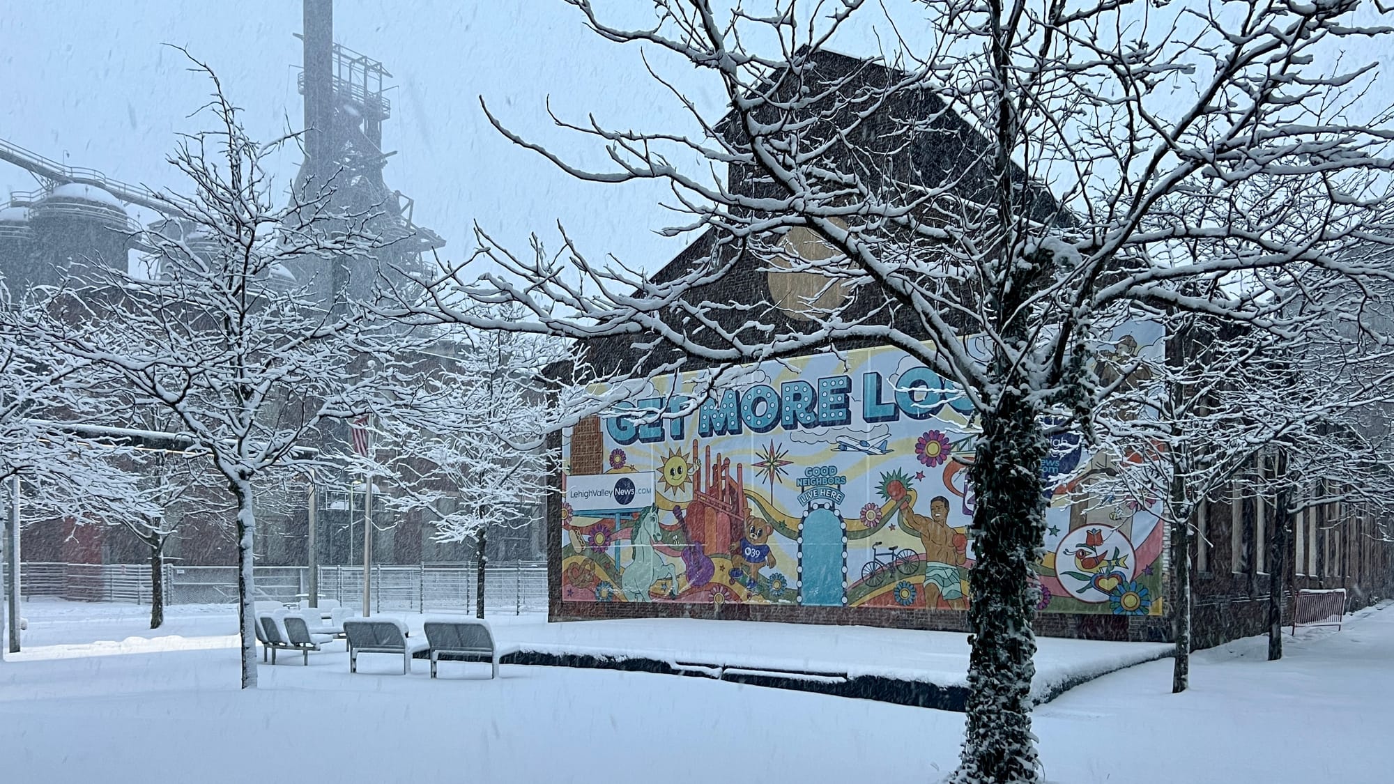 Snow blankets the SteelStacks campus in Bethlehem on Tuesday.