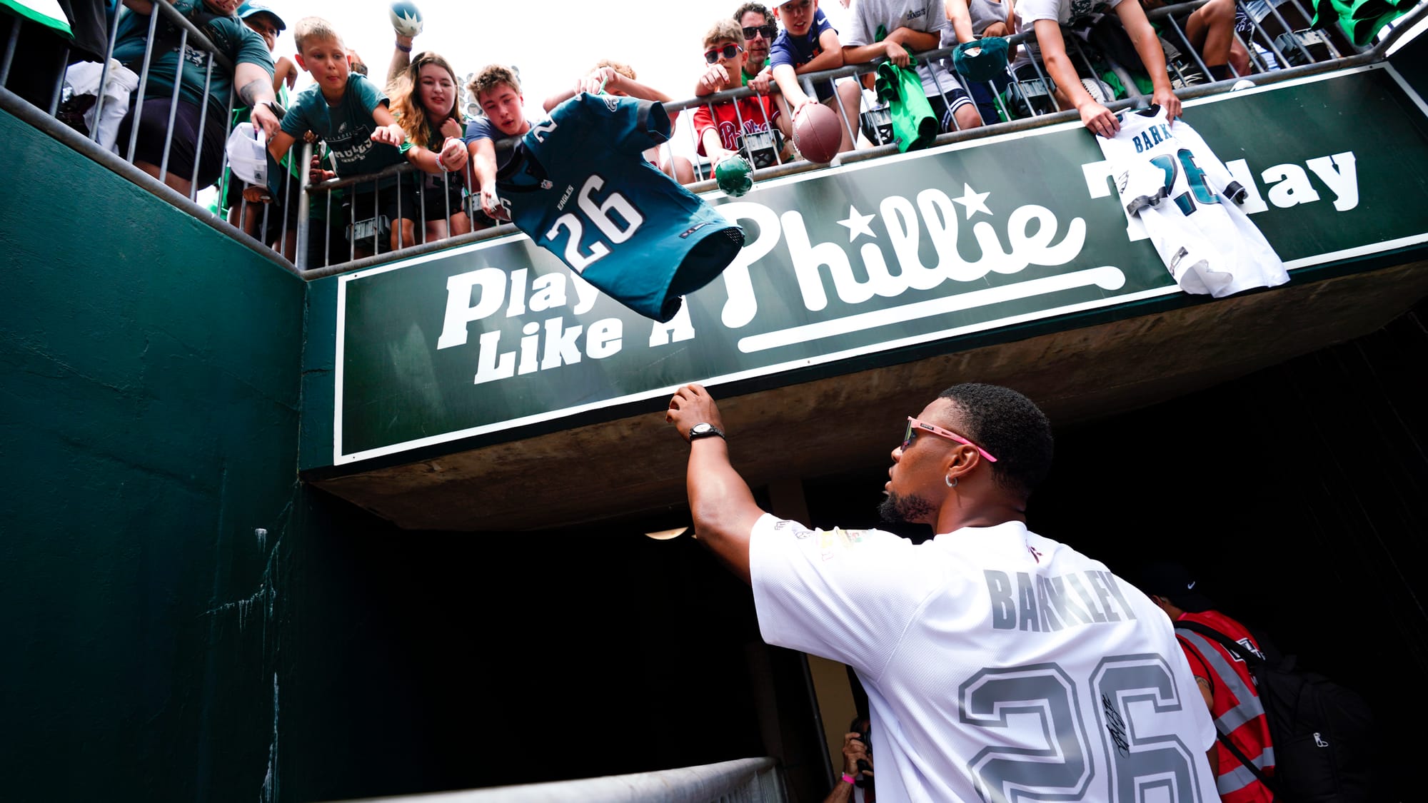Saquon Barkley greets fans. The annual DeVonta Smith Celebrity Softball Game featuring Philadelphia Eagles and other athletes