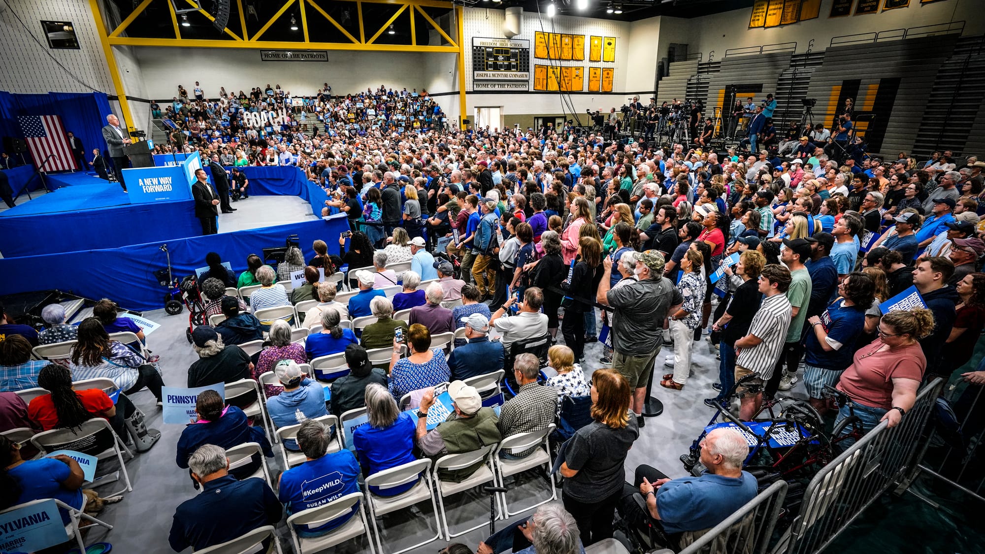 Minnesota Gov. Tim Walz campaigns at Freedom High School in Bethlehem, Pa. on Saturday, September 21, 2024. He is the vice pr