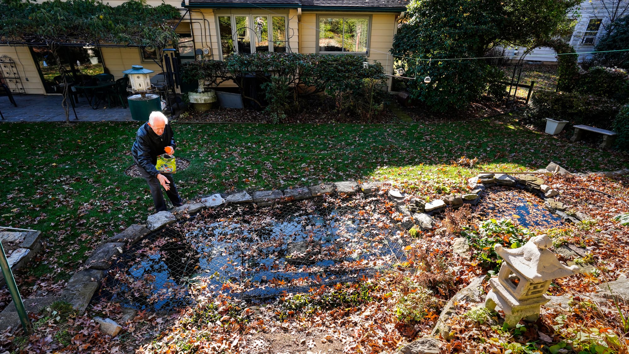 Fred Buse feeds the goldfish in his backyard pond. Fred Buse, 87, of South Whitehall Township, has been tracking climate chan