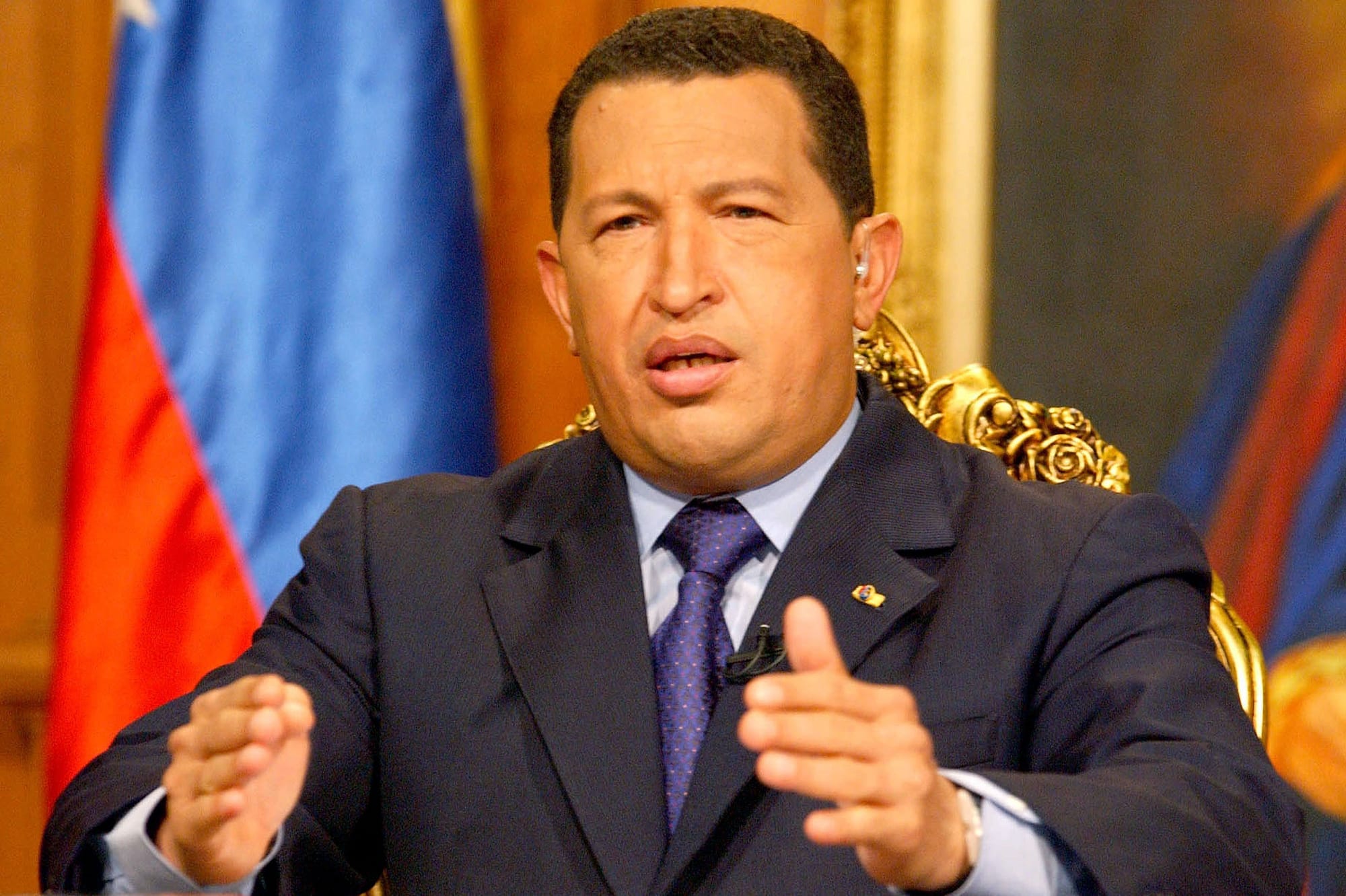 Chavez delivers a televised address on Jan. 5, 2002, two days after clashes between his supporters and opponents left two men