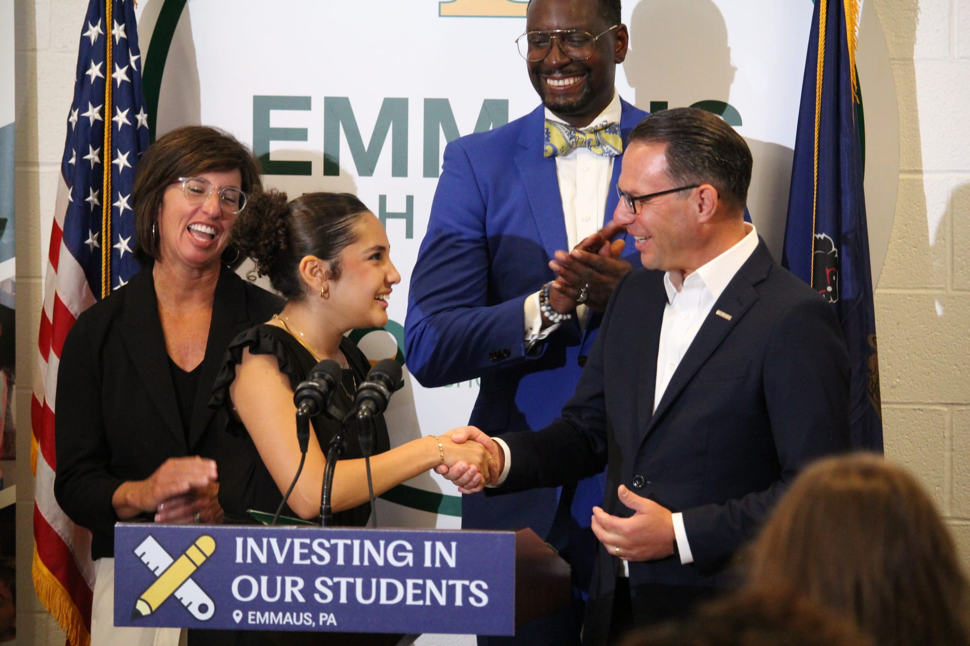 Governor Josh Shapiro shaking hands with Emmaus High School student body president Mariam Mahmoud Thursday.