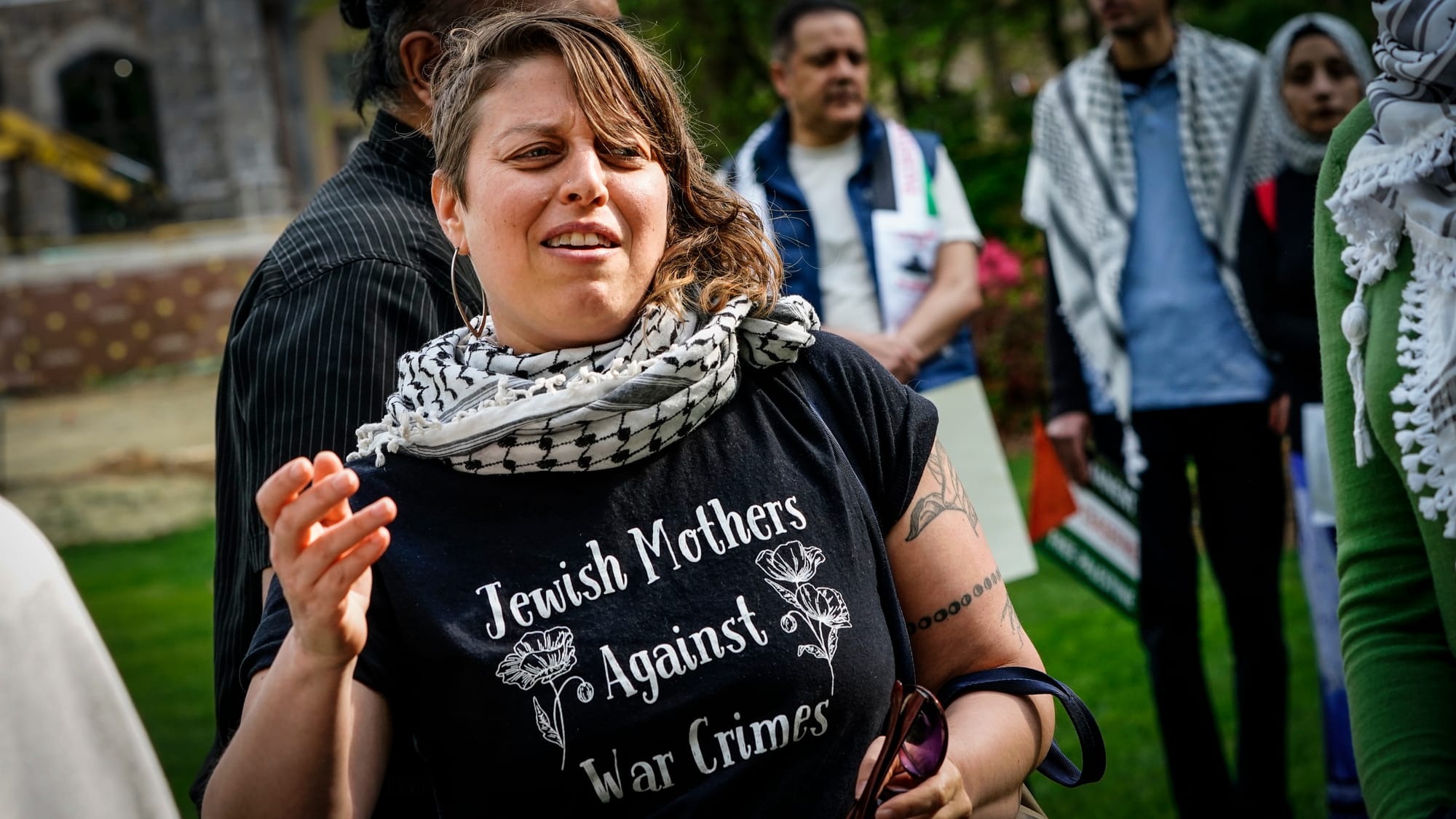 Cory Fischer-Hoffman of Jewish Mothers For Peace listens to speakers. Student Political Action Coalition and Lehigh 4 Palesti