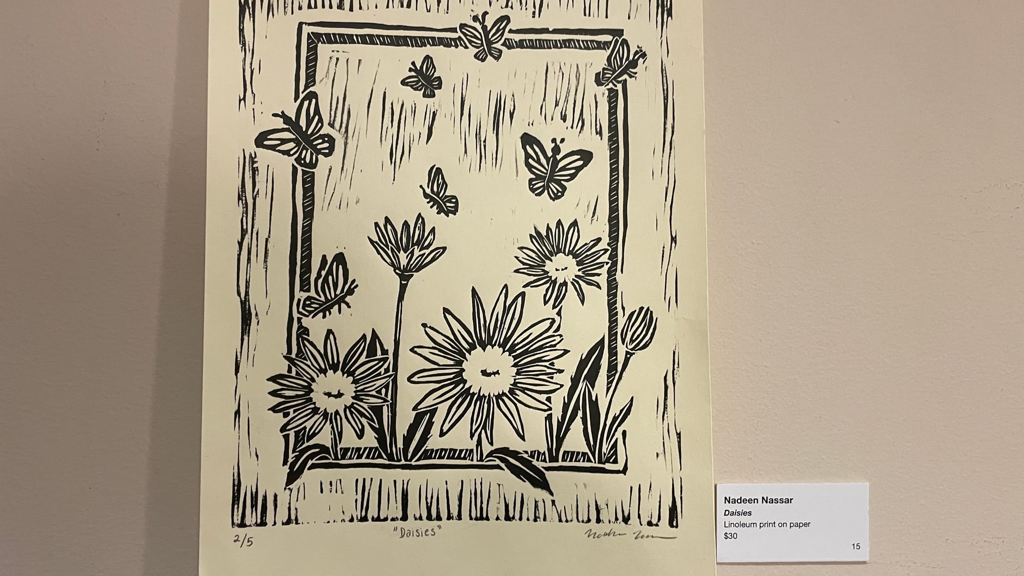 "Daisies," linoleum print on paper, by Cedar Crest art student Nadeen Nassar.