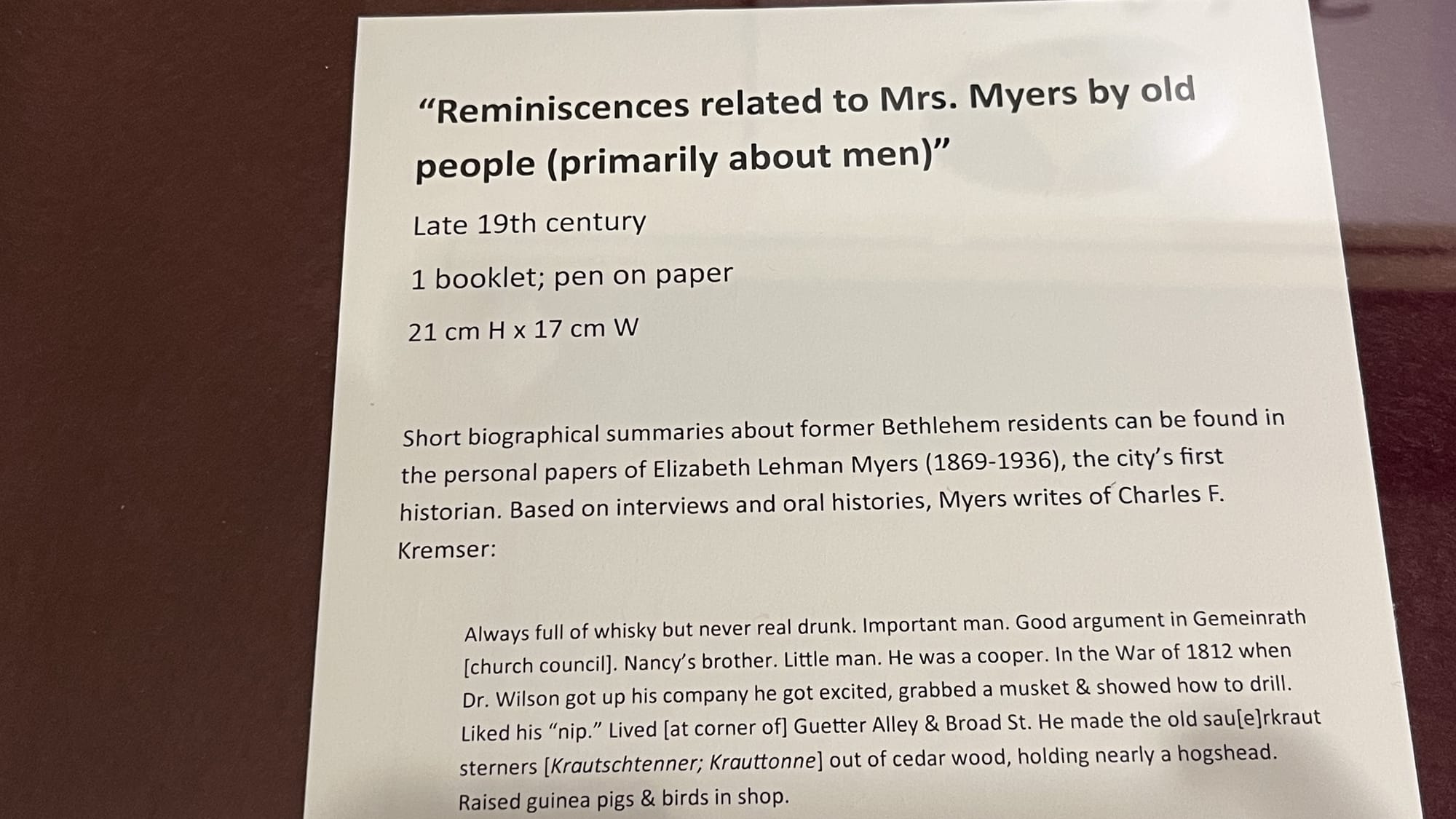 A description accompanies Mrs. Myers' notebook at the Moravian Archive in Bethlehem.