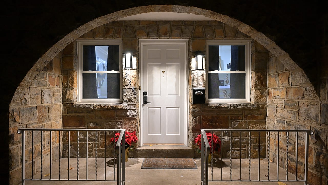 The stone archway and front porch of the West Bethlehem home renovated by Wandra Cain.
