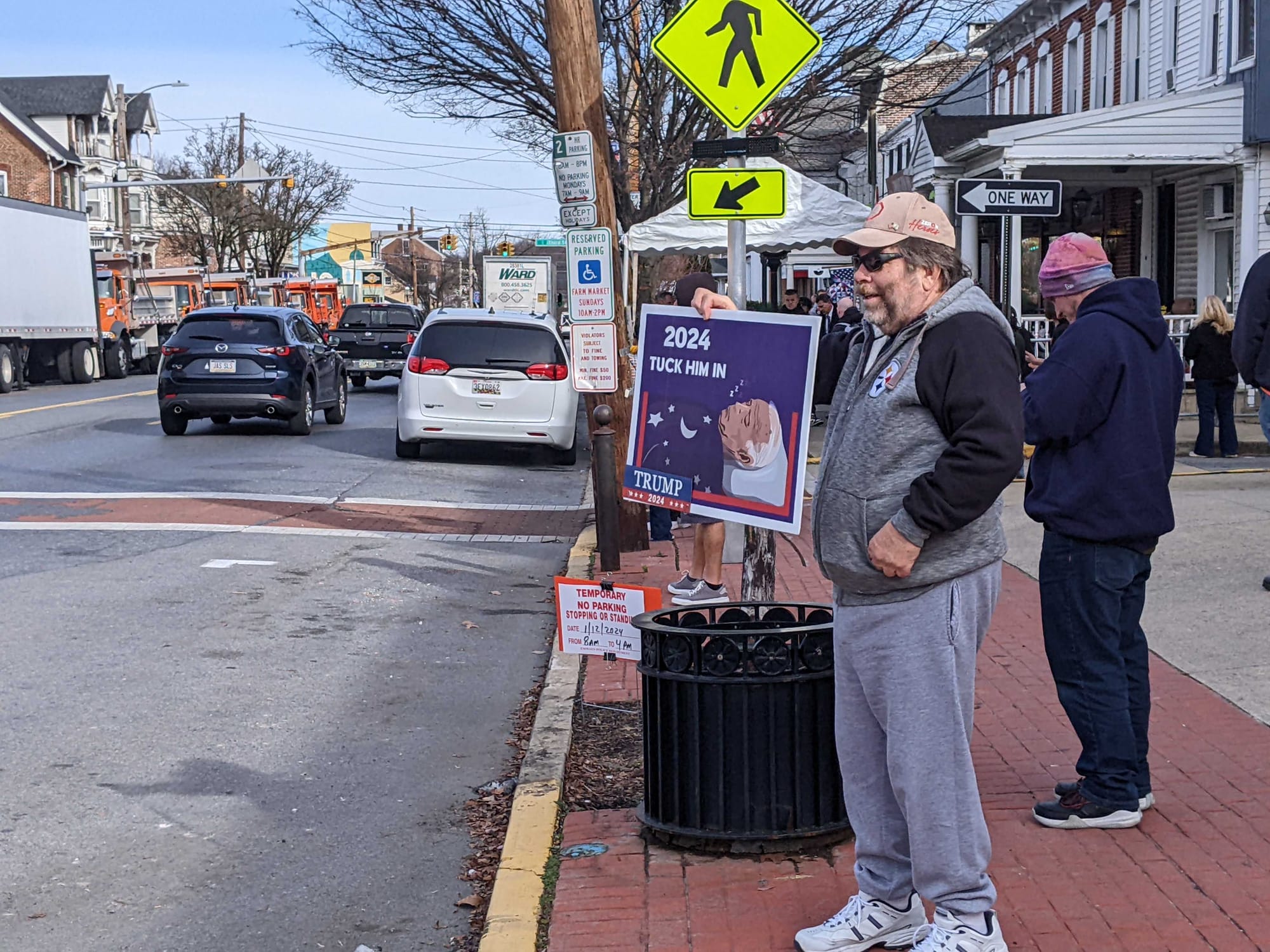 A supporter of Donald Trump stands in Emmaus anticipating the arrival of President Joe Biden.