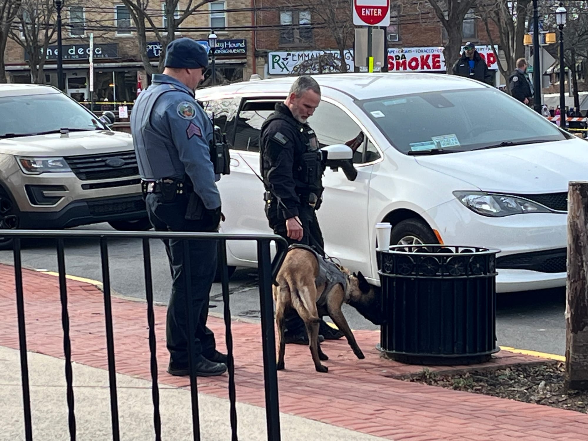 Leo, a member of the Emmaus K-9 unit, on patrol on Main Street keeping things safe in anticipation of President Biden’s visit