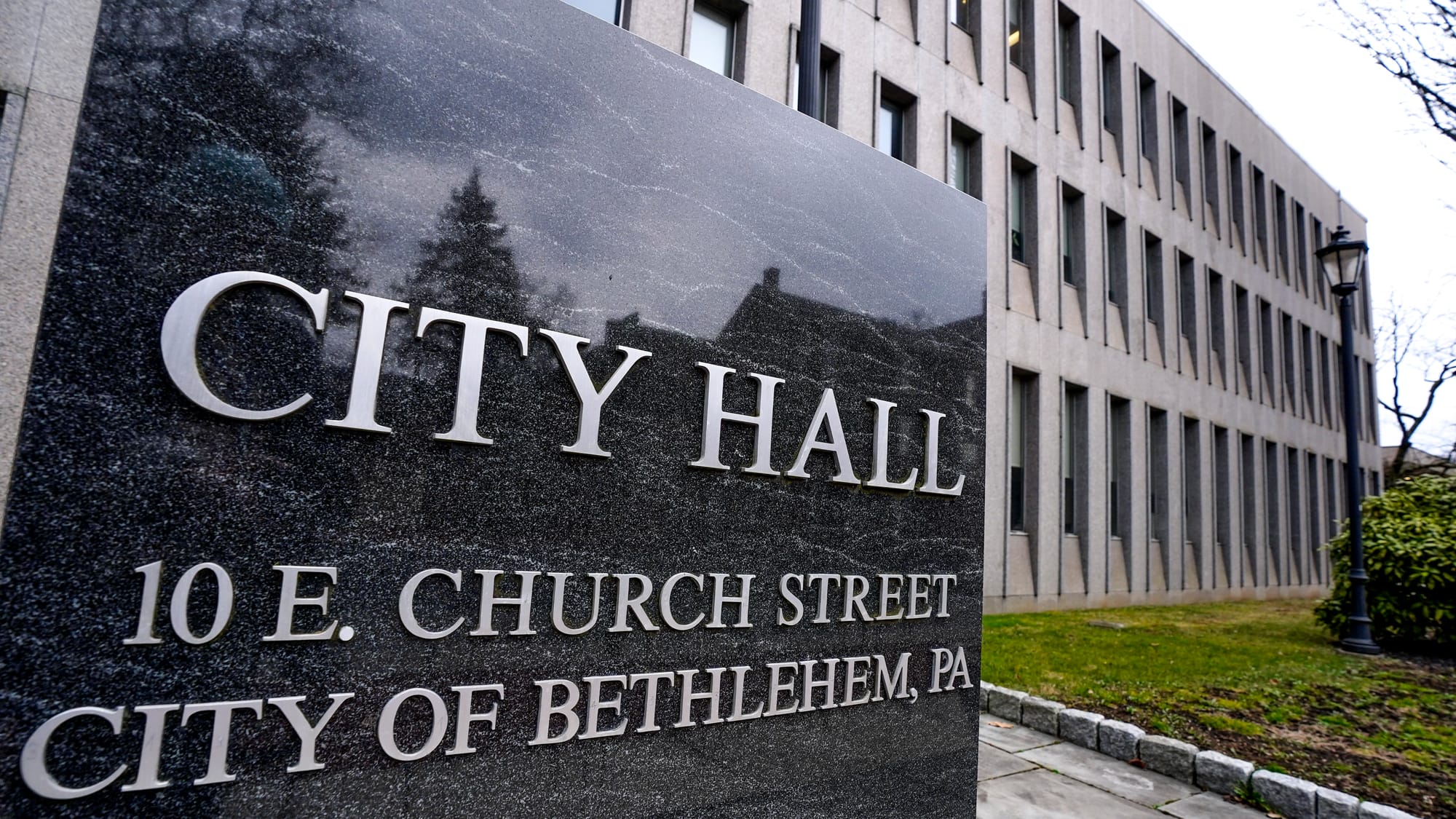 This is Bethlehem City Hall and Payrow Plaza at 10 E. Church Street, Bethlehem, Pa.. Picture made in February, 2023.