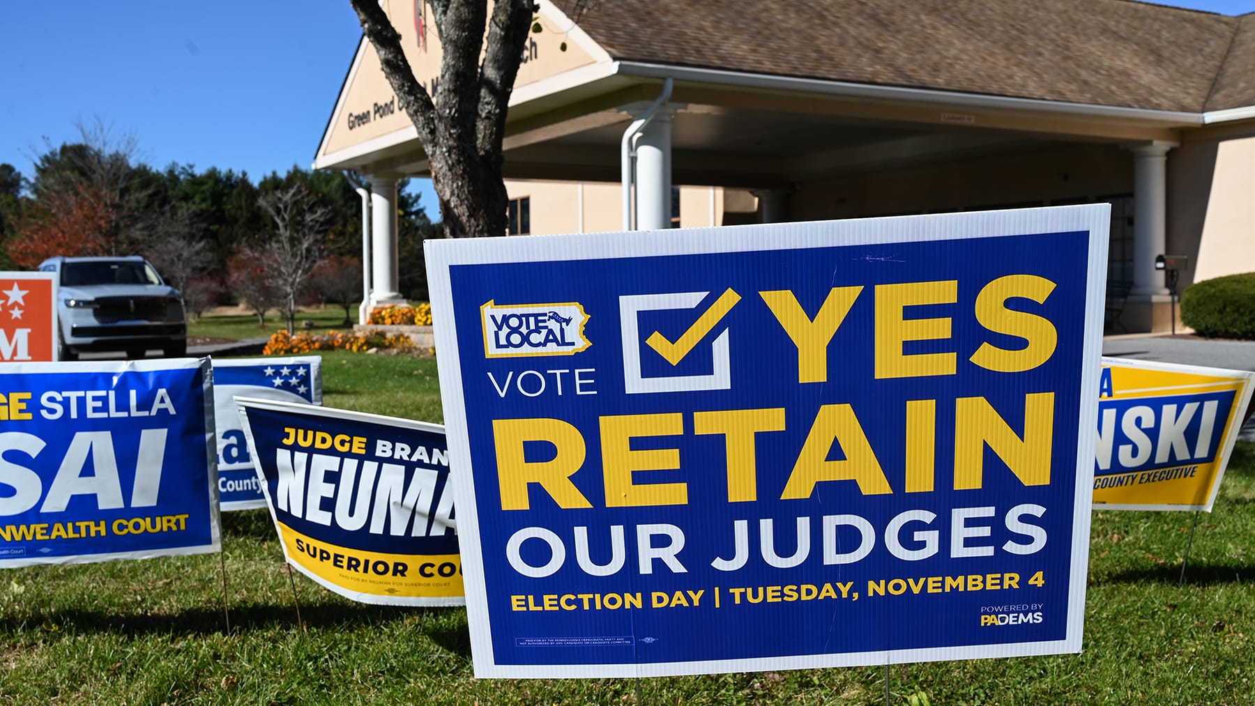 A sign sits outside of the Green Pond United Methodist Church on Tuesday, November 4, 2025 in Bethlehem, Pa.