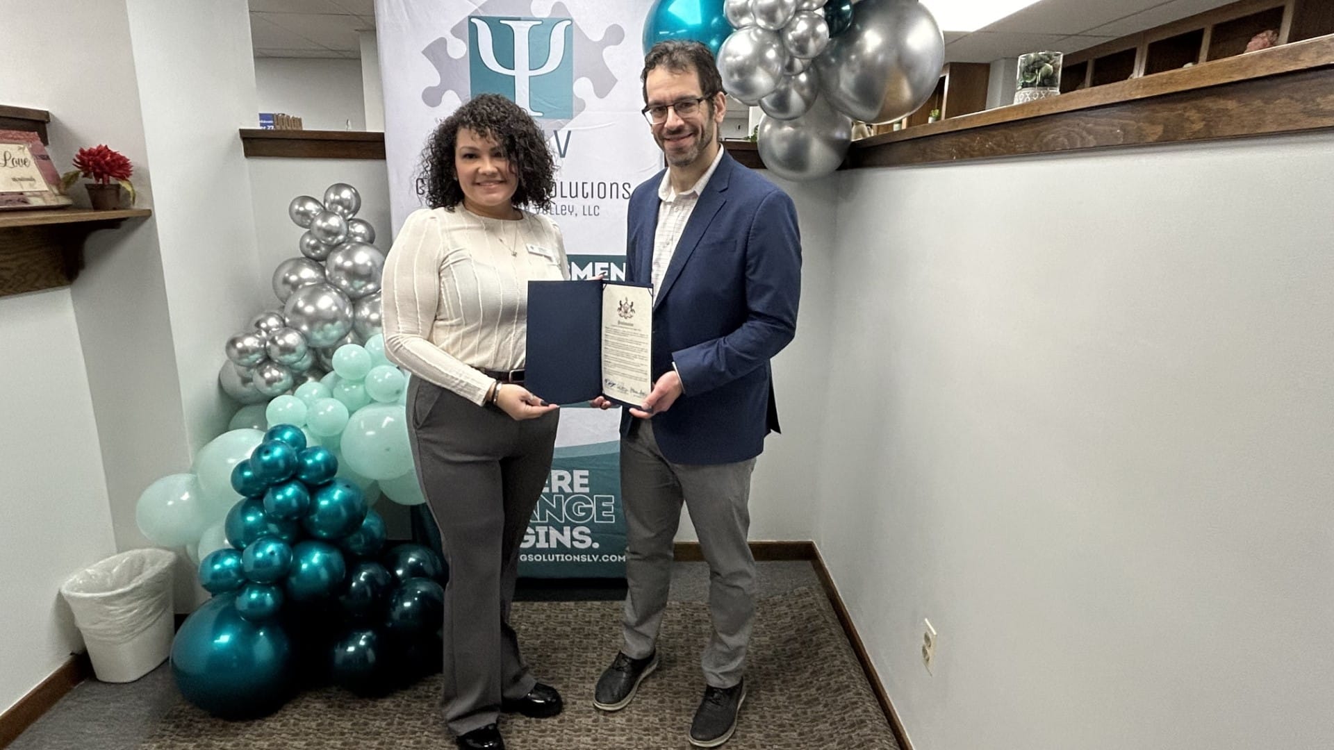 Counseling Solutions of the Lehigh Valley's CEO Yamelisa Taveras and Representative Mike Schlossberg at the new location on W