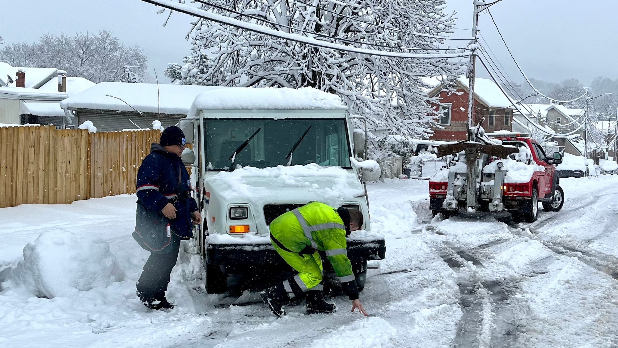 A mail truck stuck on 2nd Ave near Prospect Street in Bethlehem following heavy snowfall Tuesday.