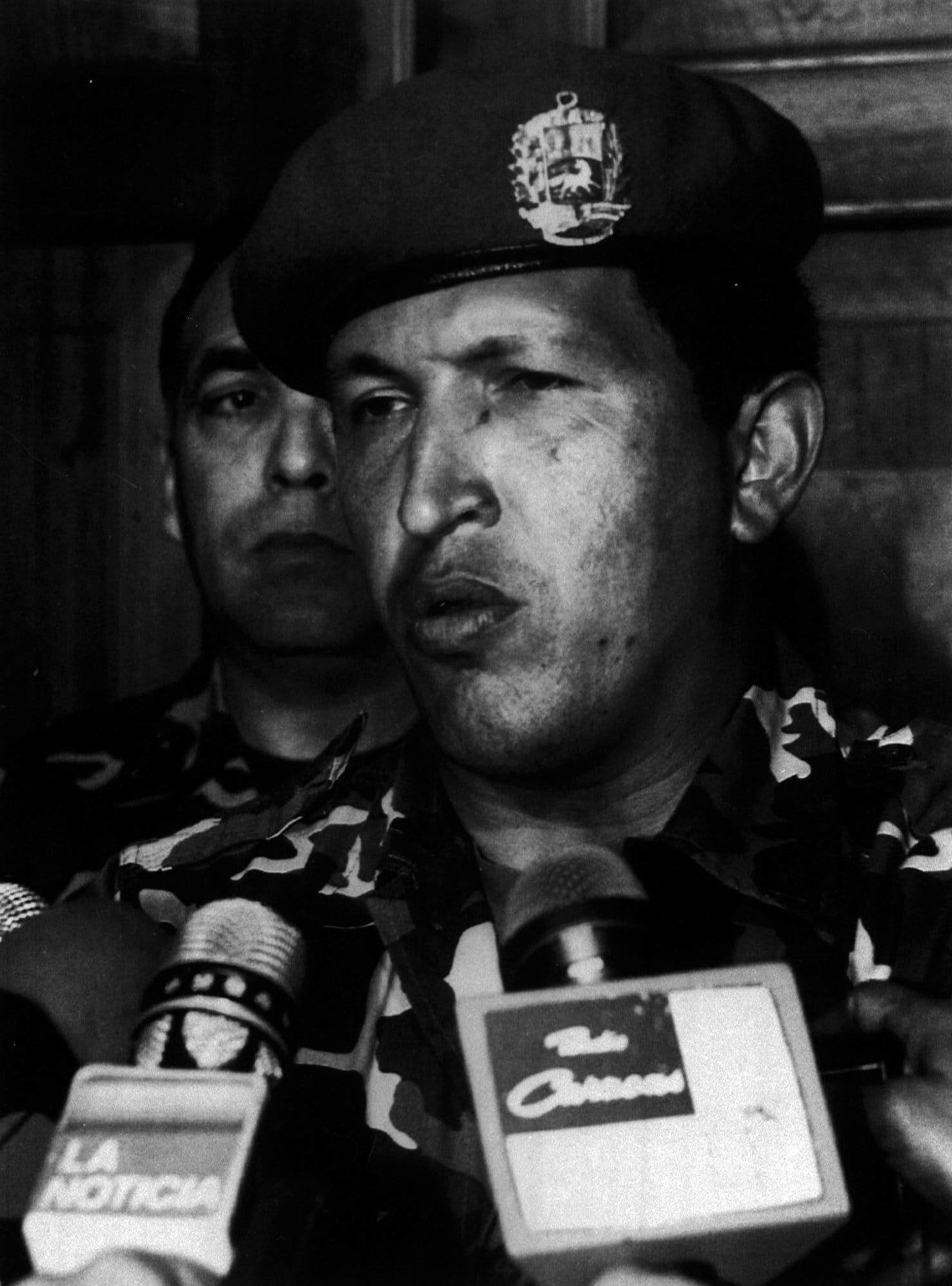 As a lieutenant colonel in 1992, Chavez led a failed attempt to oust President Carlos Andres Perez. Here he speaks with repor