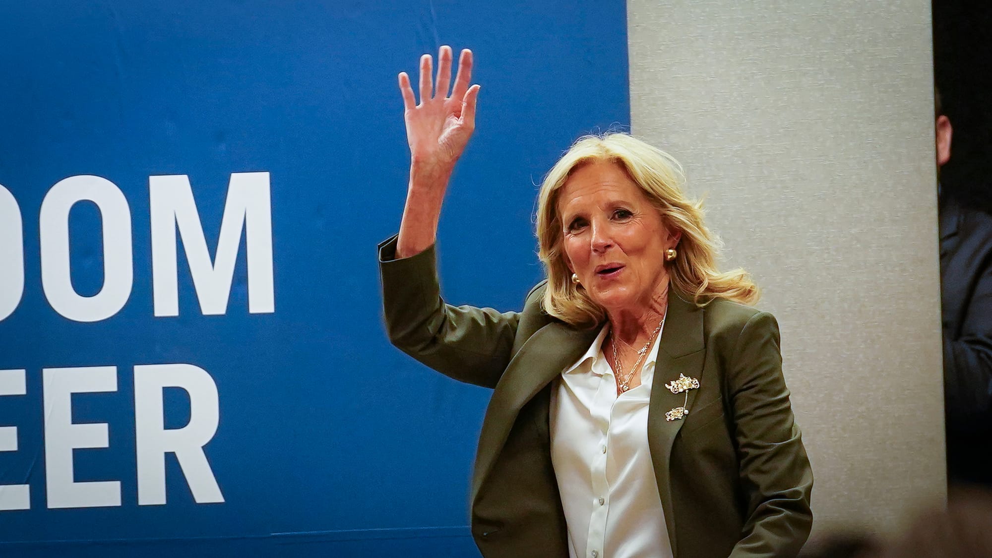 First Lady Dr. Jill Biden enters the meeting room. U.S. Rep. Susan Wild was joined by First Lady Jill Biden and U.S. Reps. Na