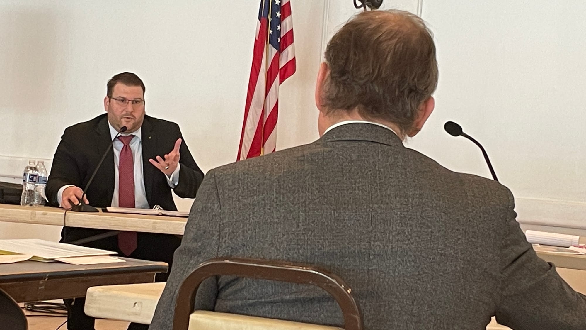 Timothy Kramer (left) answers questions from Michael Corriere (right), who represents Hellertown and Northampton County.