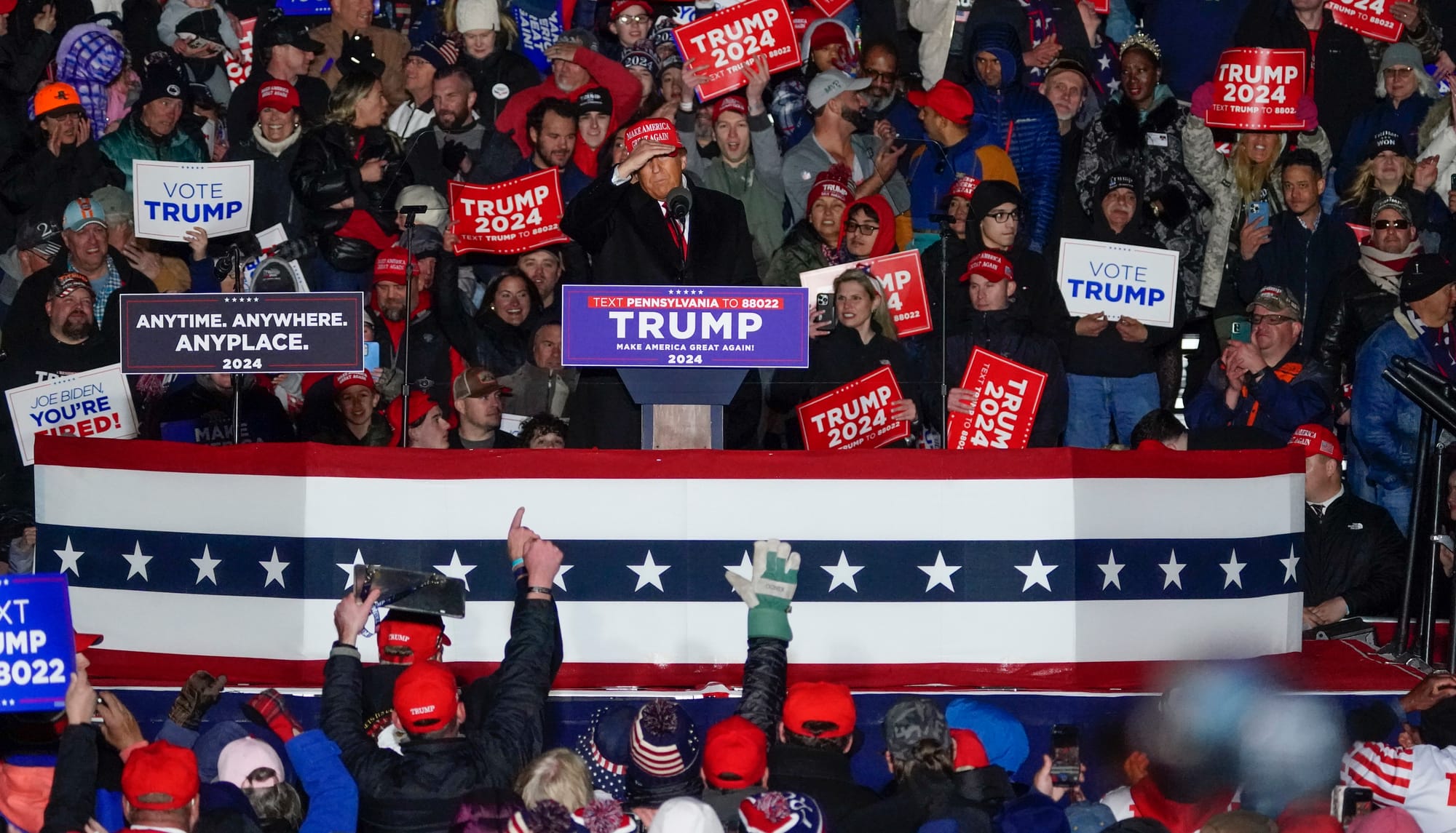 Donald Trump speaks at a rally in Schnecksville on Saturday, April 13, 2024.