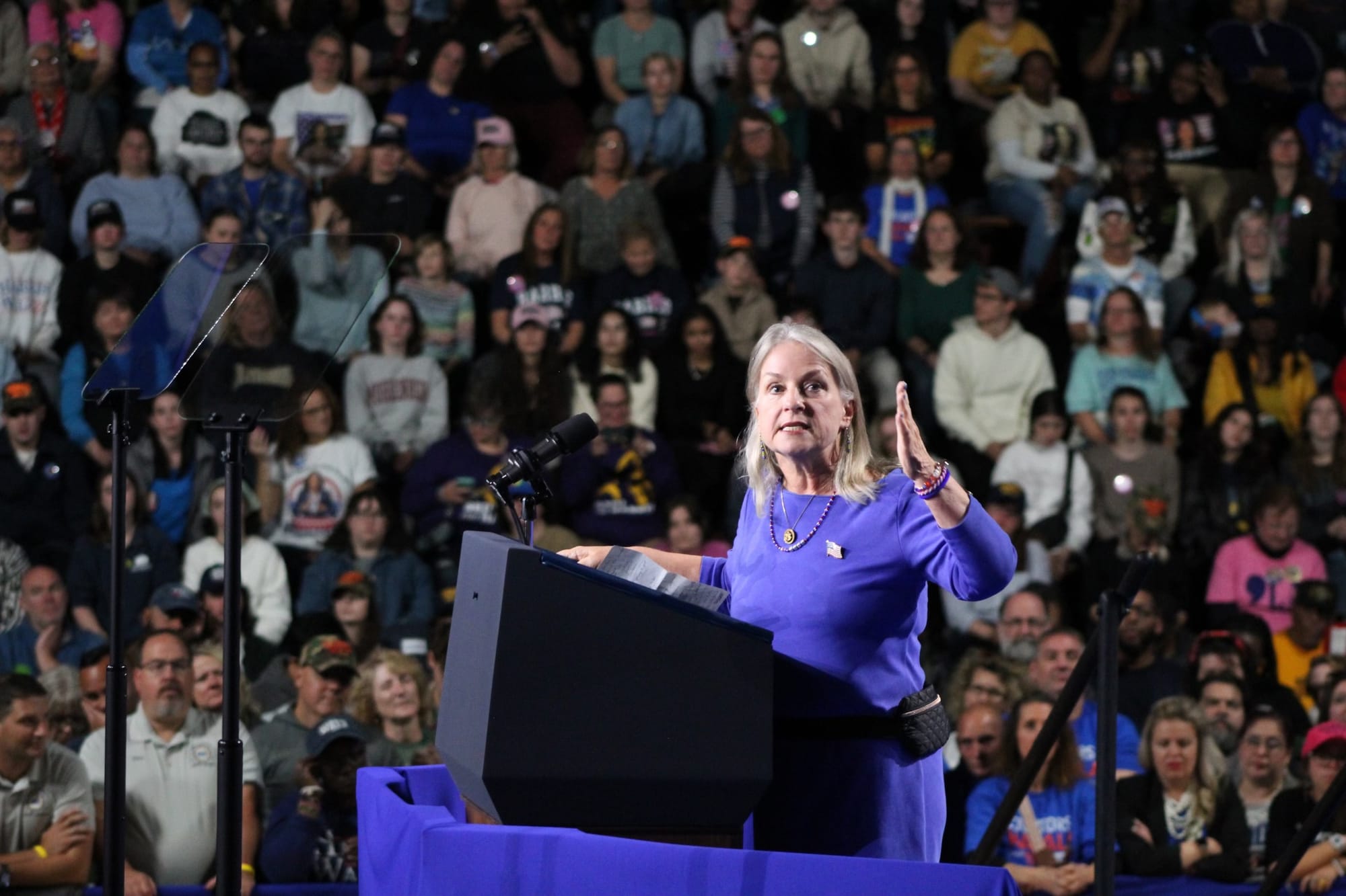U.S. Rep. Susan Wild speaks inside Muhlenberg College's Memorial Hall ahead of Vice President Kamala Harris' campaign visit.