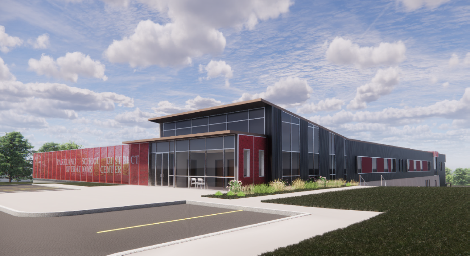 The original rendering of the front of the new Parkland School District Operations Center.