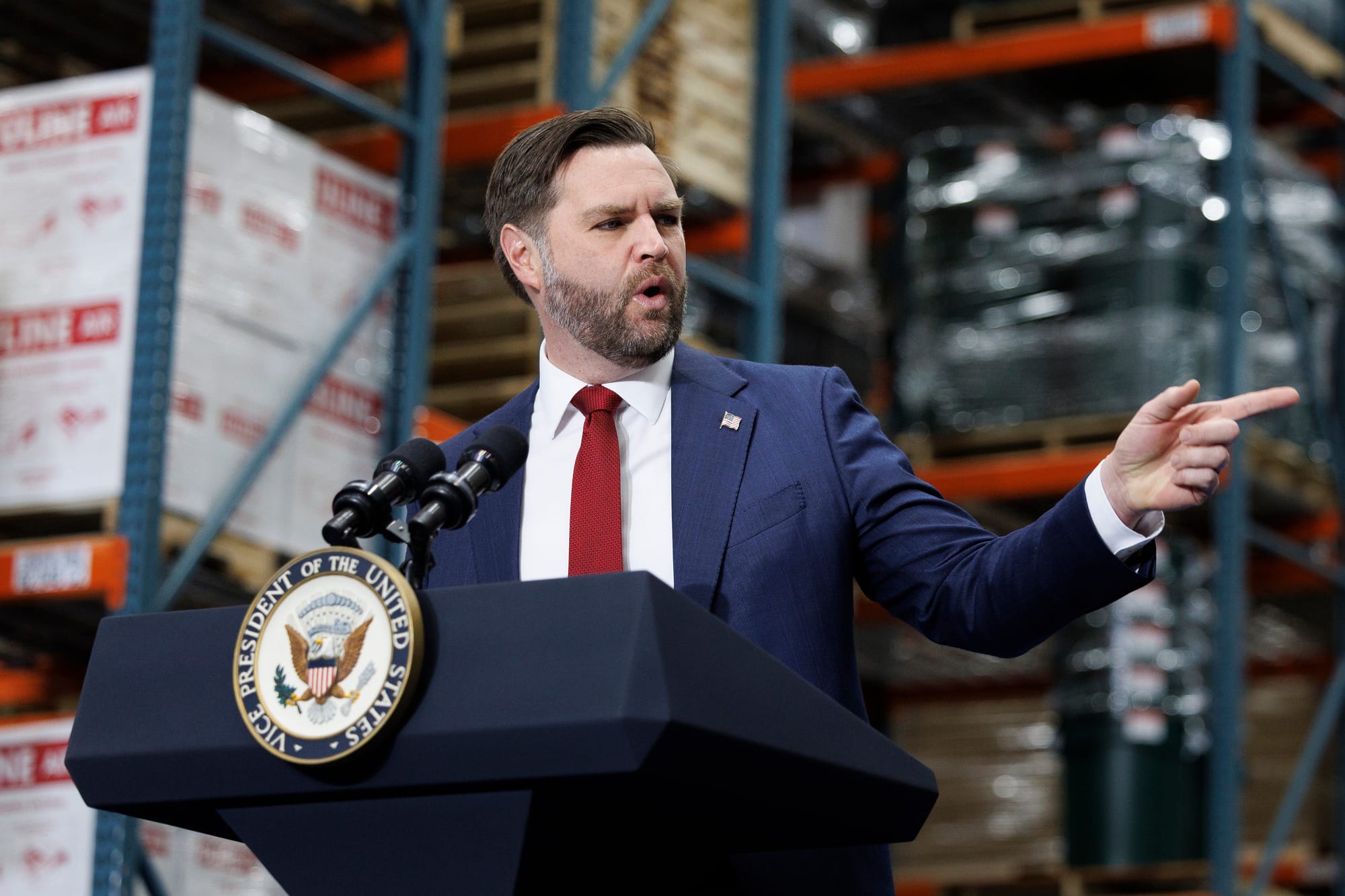 Vice President JD Vance delivers remarks at Uline Inc. in Alburtis on Tuesday, Dec. 16, 2025.