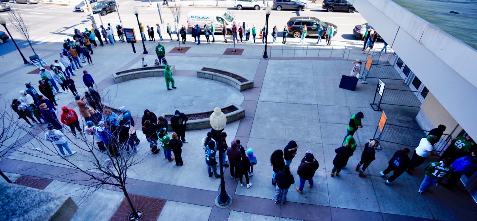 Fans line up outside of the PPL Center in Allentown for a celebration honoring Saquon Barkley, one of two Lehigh Valley Super