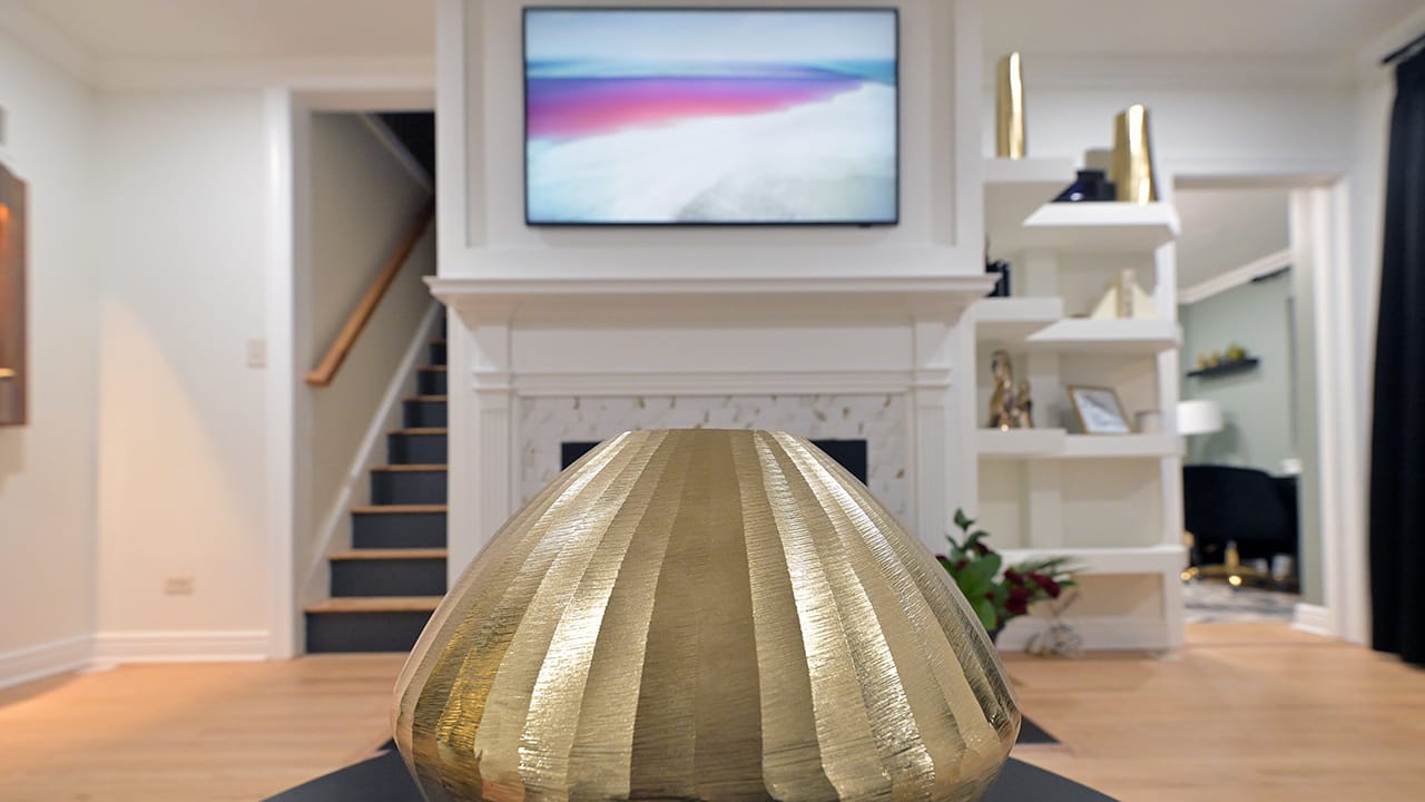 A coffee table centerpiece in the living room of a home in West Bethlehem designed by Wandra Cain.