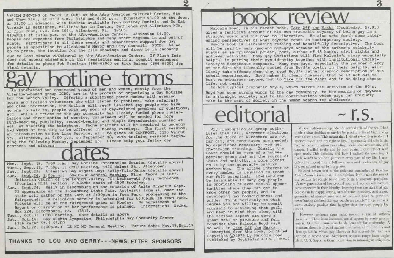 An excerpt from the September 1978 Le-Hi-Ho newsletter.