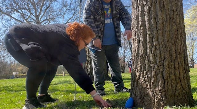 Averi Heffelfinger collects beeping eggs in Allentown.