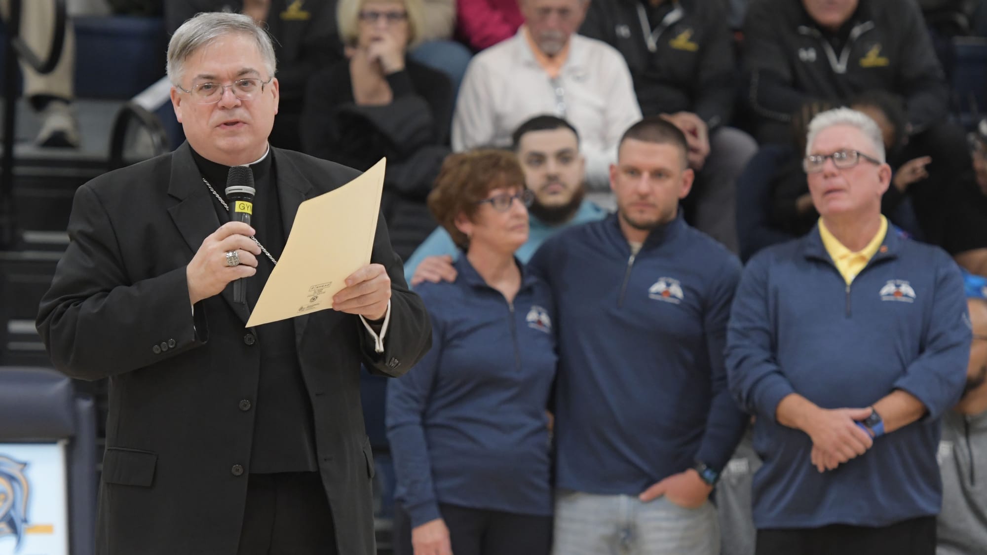 Bishop Alford Schlert adresses the crowd during a court dedication for Jeff Dailey on Friday, December 1, 2023, at Notre Dame
