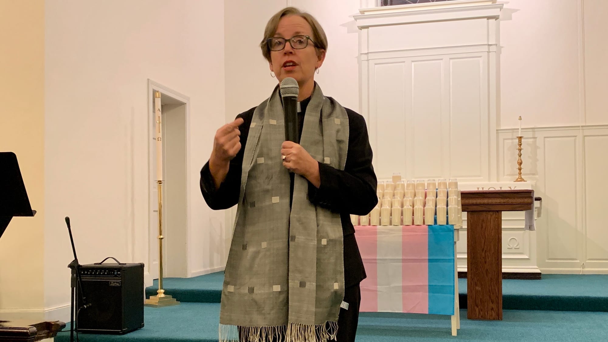 Rev. Goudy of the Metropolitan Community Church of the Lehigh Valley speaks at the Transgender Day of Remembrance vigil.