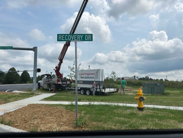 The finishing touches, like this sign, are going up at the new Good Shepherd Rehabilitation hospital in Center Valley.