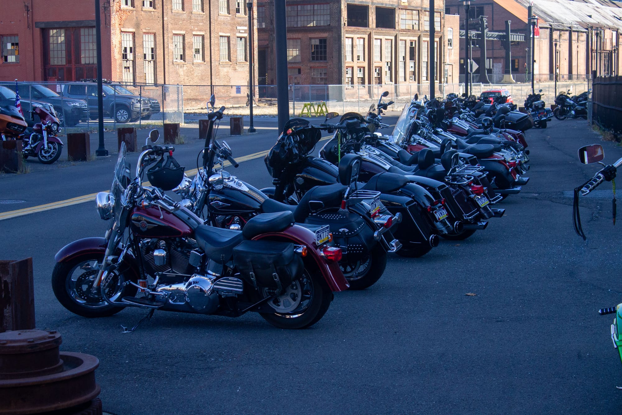 A group of veterans' motorcycles sit outside the Steel Stacks.