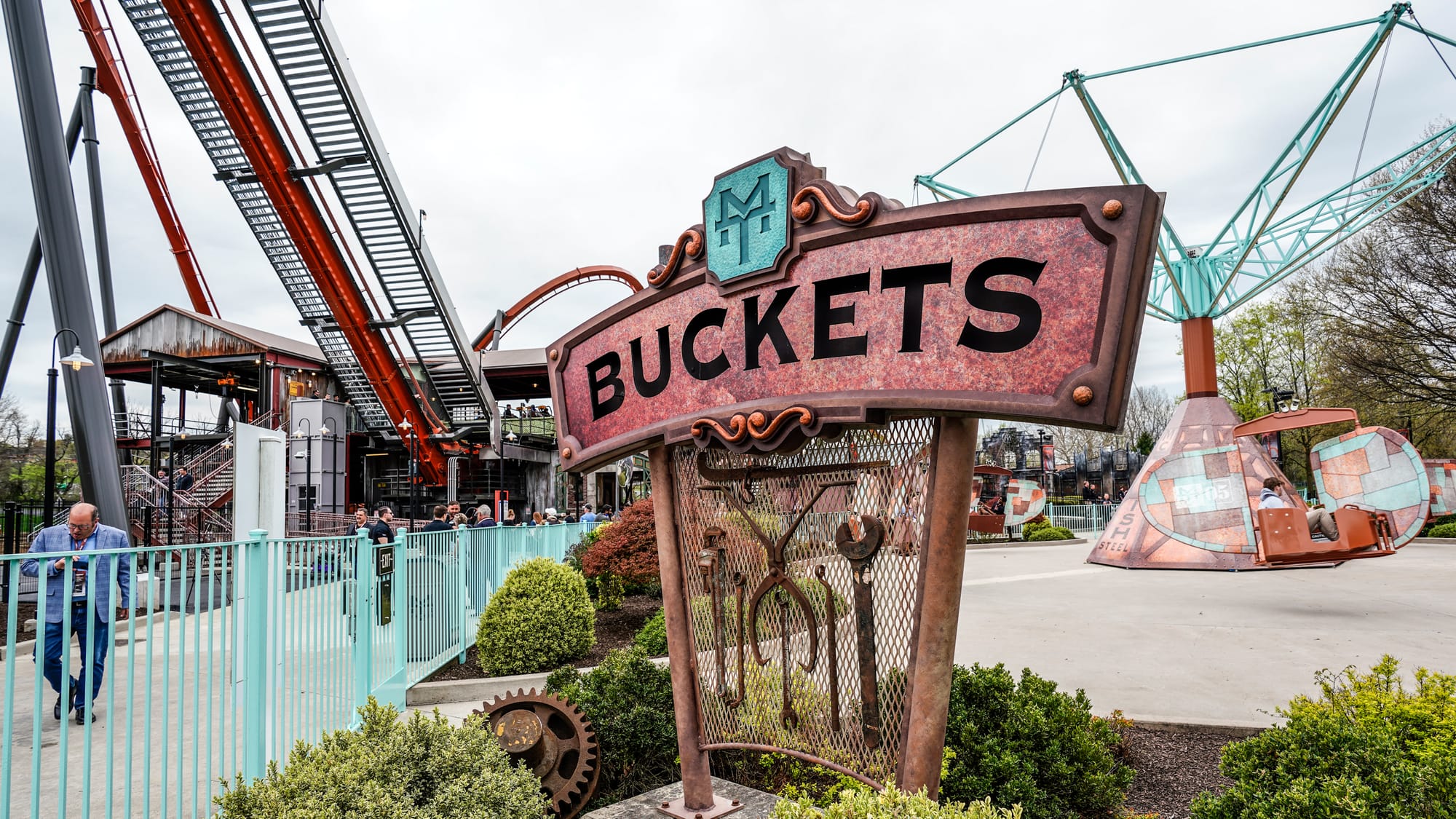Steel-themed props set the scene for Dorney Park's new Iron Menace coaster.