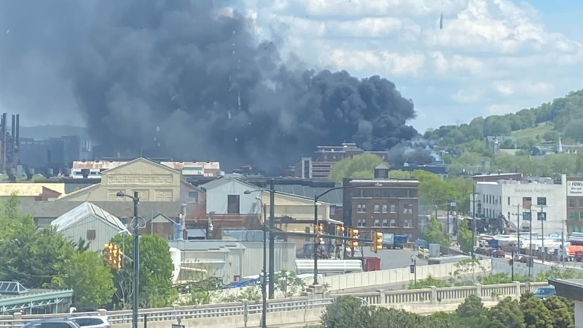 Smoke billowing from Five10 Flats in South Bethlehem on May 2, 2025.