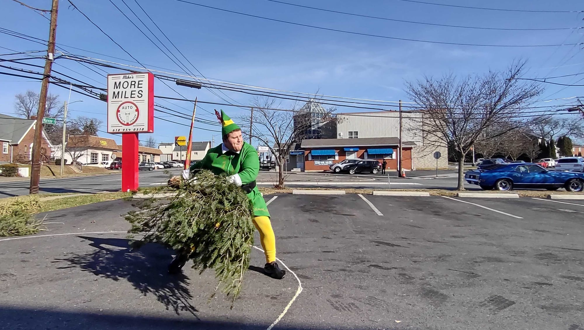 Josh Hoffert got into the holiday spirit during the annual Bethlehem Christmas Tree toss. His distance of 26 feet, 5 inches w